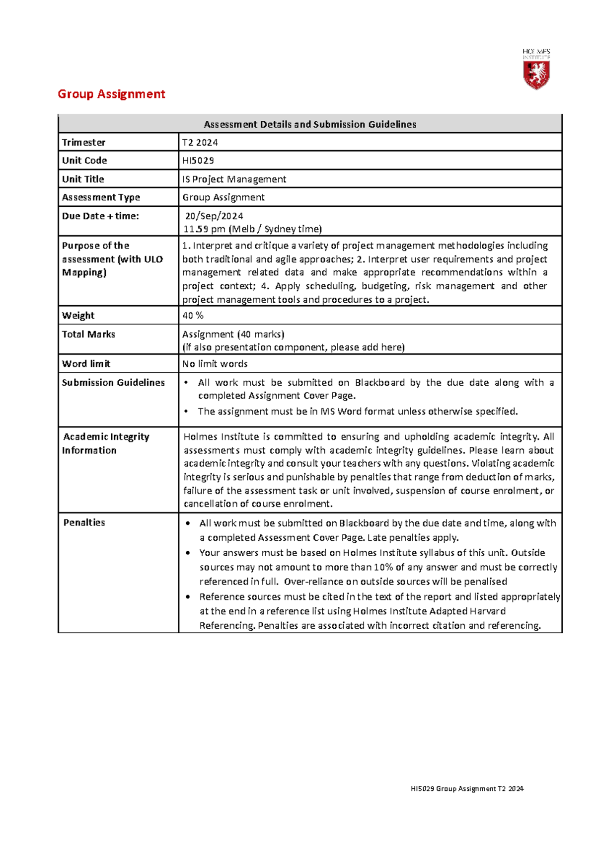 Project management assignment - Group Assignment Assessment Details and ...