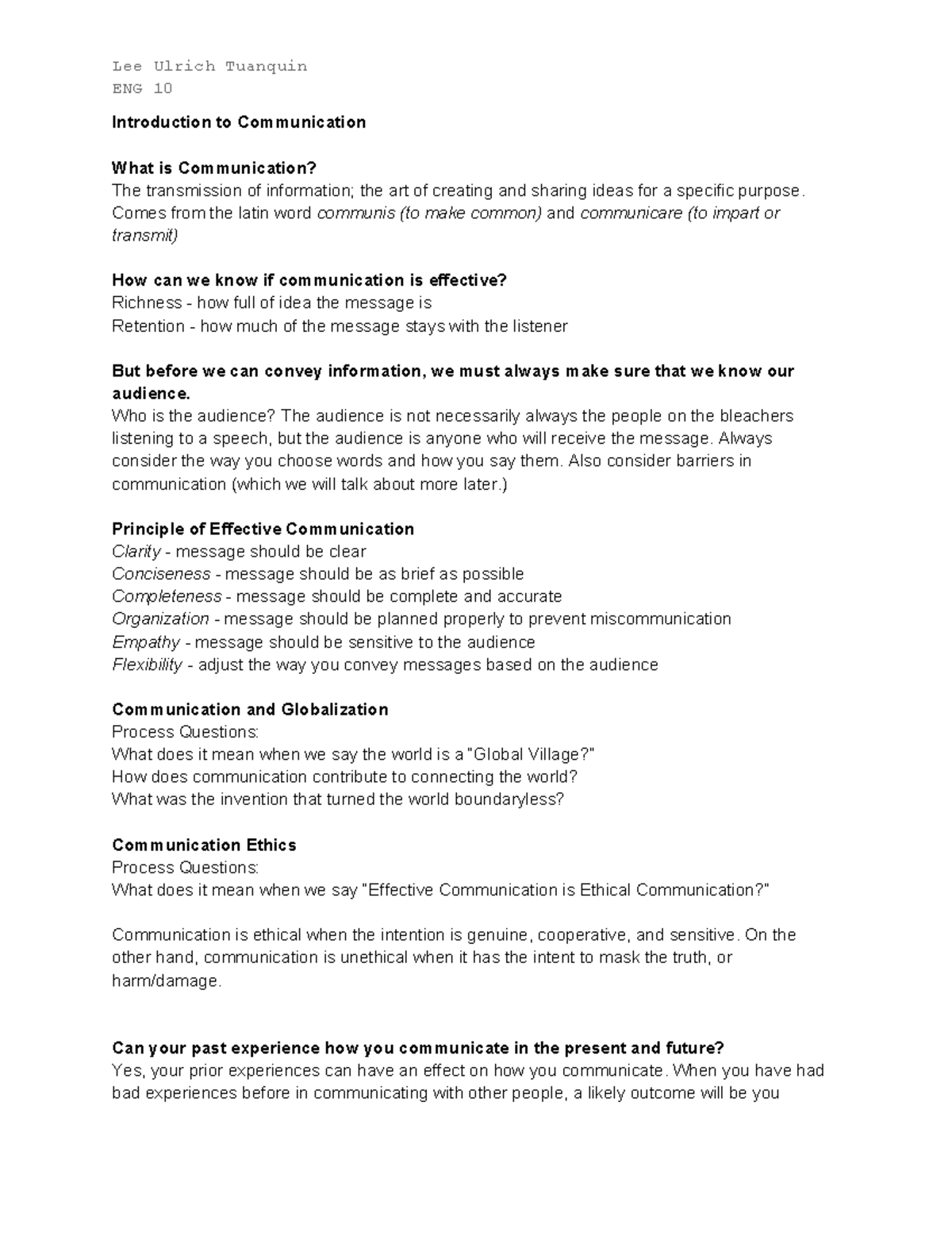 ENG 10 Lecture Notes: Principles and Ethics of Communication - Studocu