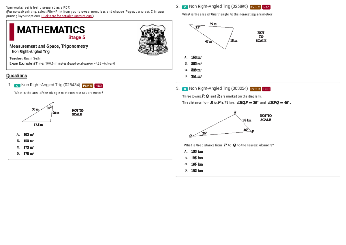 S Non Trig (025896) HSC Practice Questions on Trigonometry - Studocu