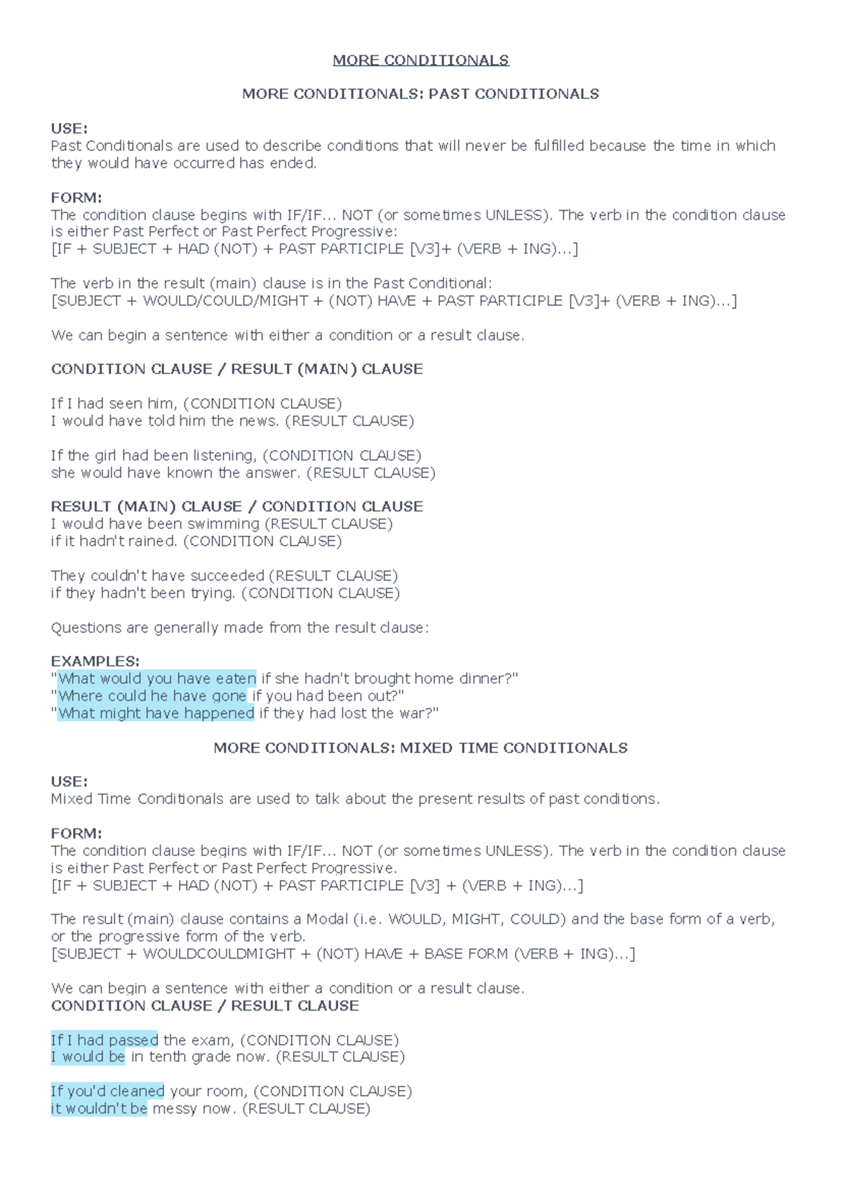 MORE Conditionals: Past and Mixed Time Conditionals (ENG 101) - Studocu