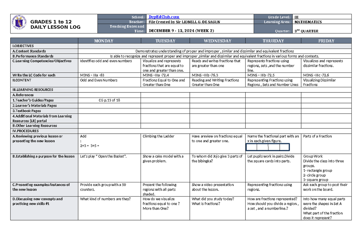 DLL Mathematics 3 Q3 W2 - DLL - GRADES 1 to 12 DAILY LESSON LOG School ...