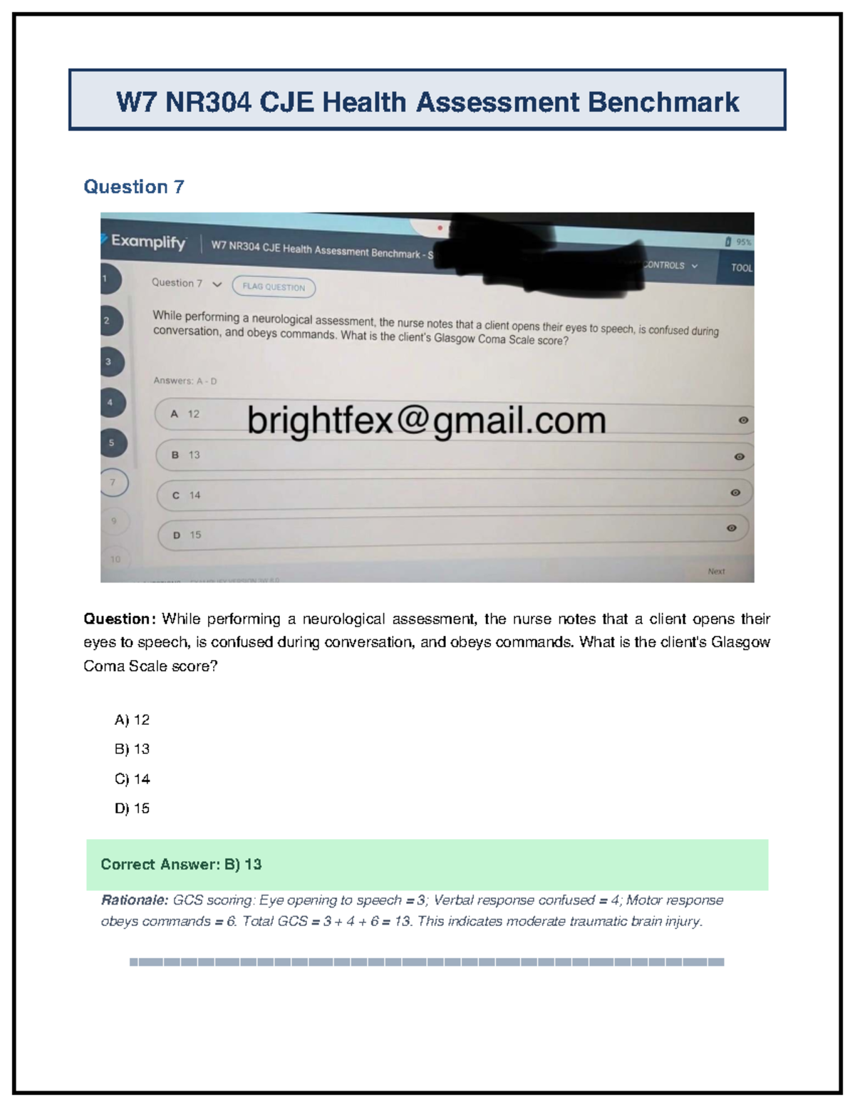 W7 NR304 CJE Health Assessment Benchmark Exam Questions and Answers ...