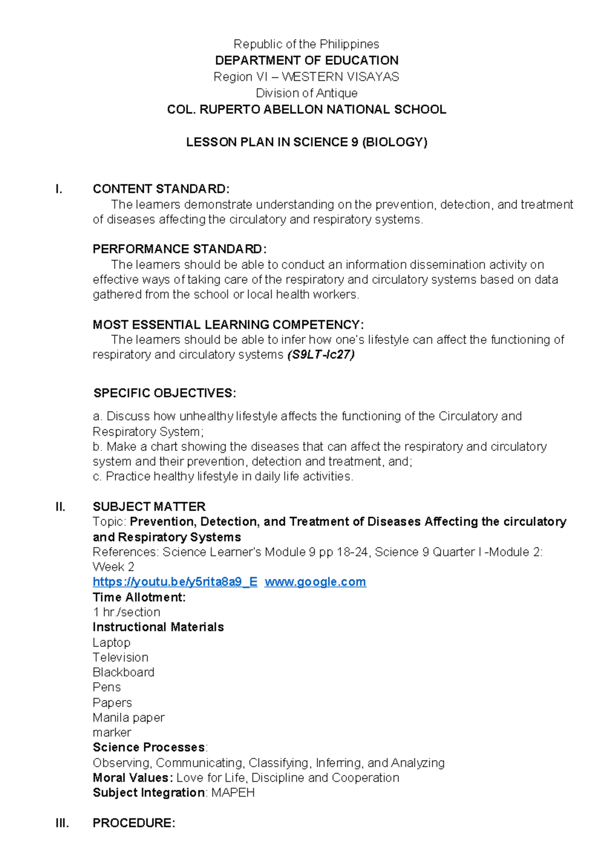Science 9 (Q1) Lesson Plan: Diseases of Respiratory & Circulatory ...