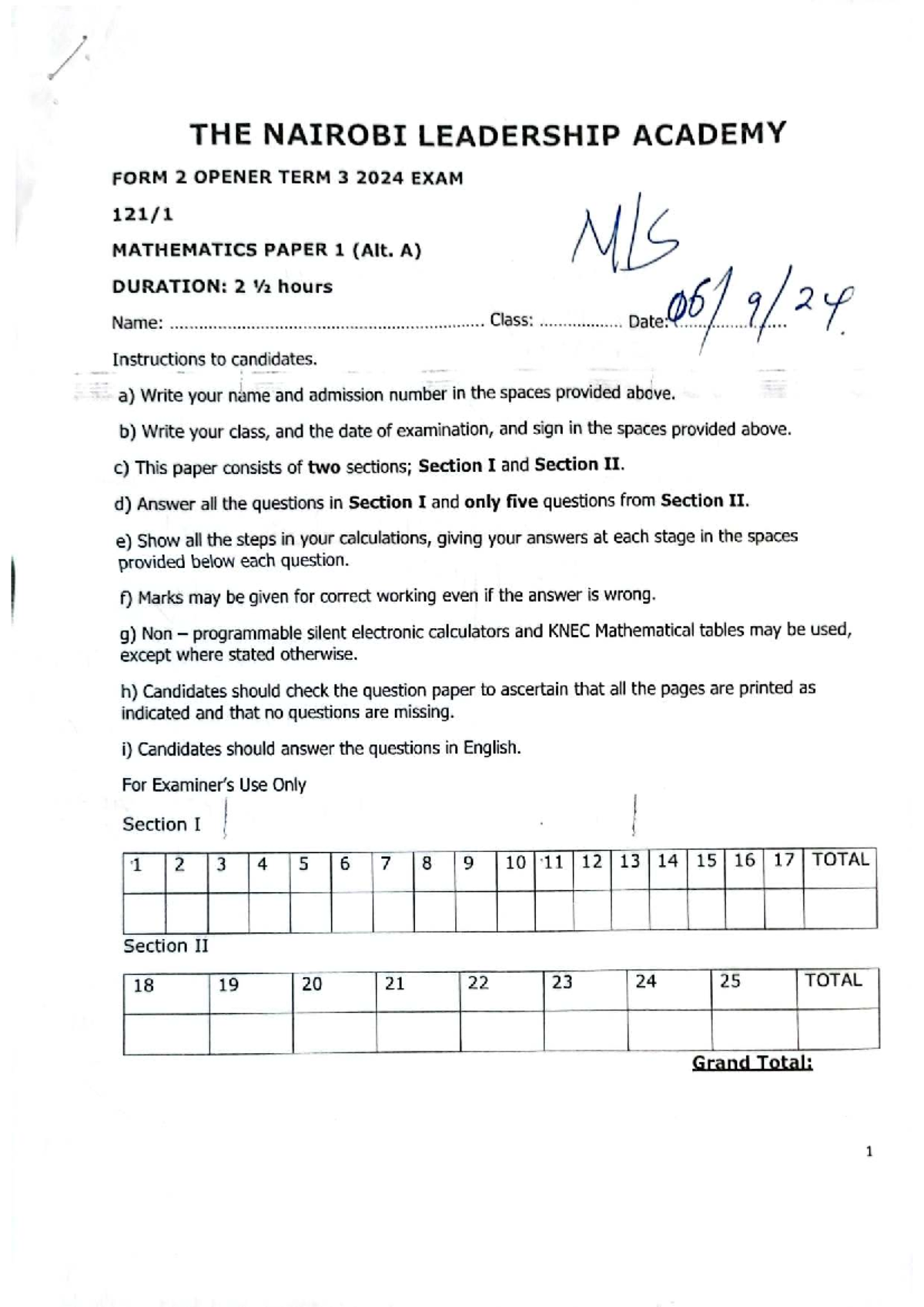 Mathematics Form 2 Term 3 2024 Exam Paper 1 (Alt. A) - Studocu