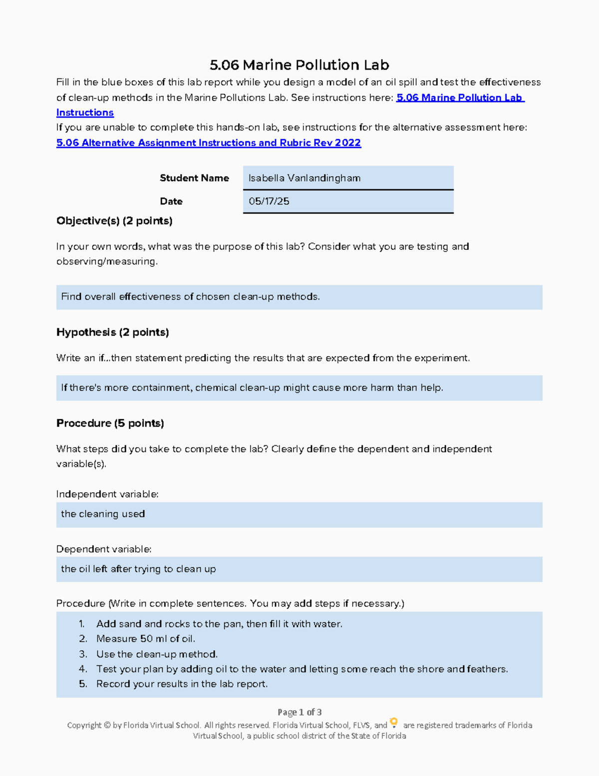 5.06 Marine Pollution Lab Report: Oil Spill Model & Method ...