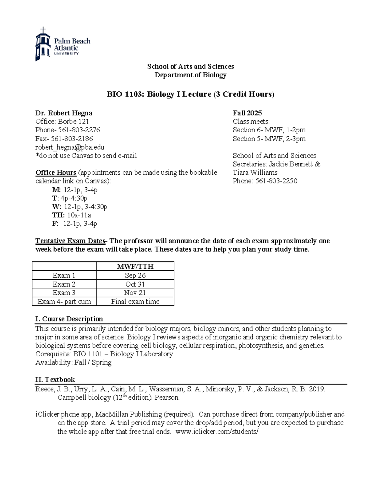 BIO 1103: Biology I Lecture Syllabus - Fall 2025 (Dr. R. Hegna) - Studocu
