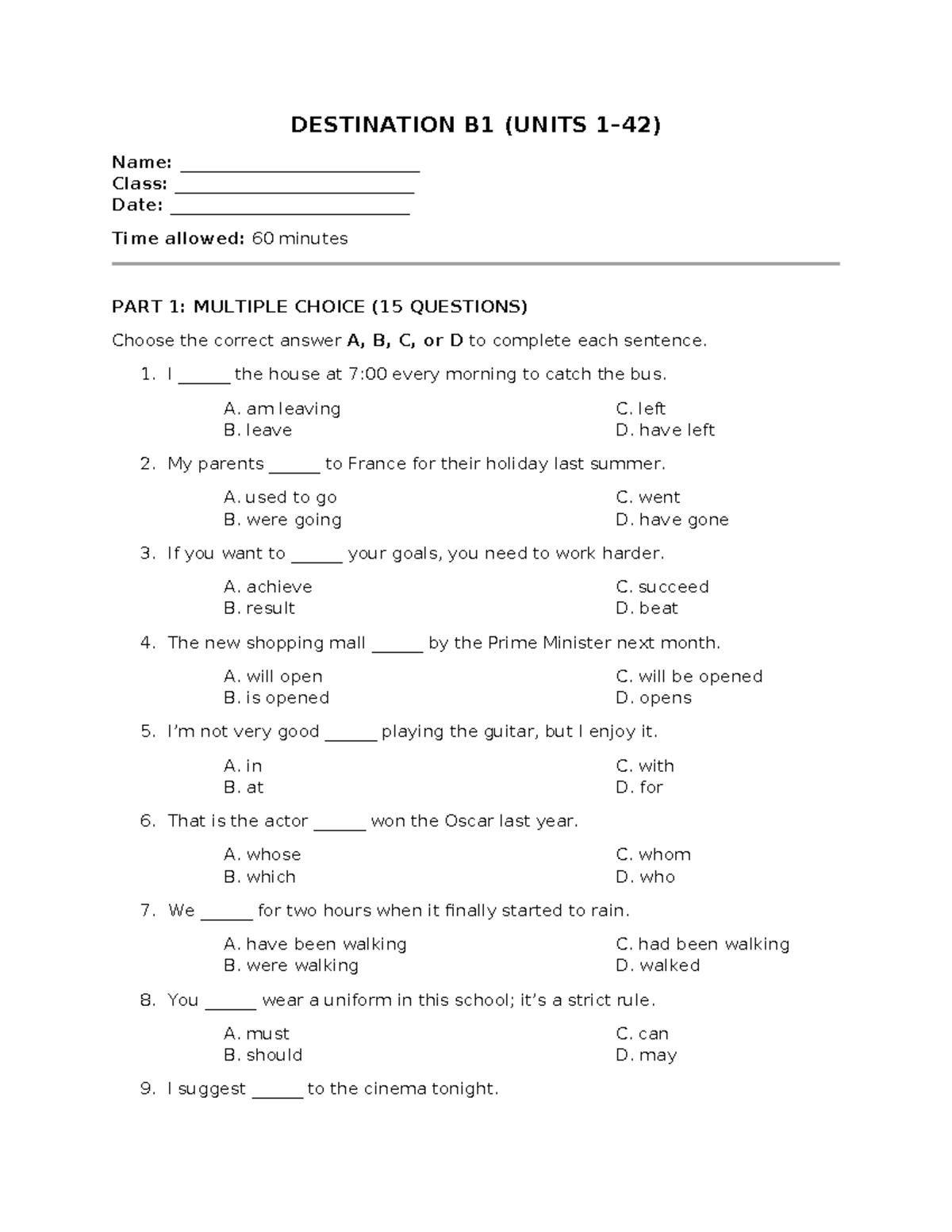 Destination B1 MOCK TEST: Practice Questions & Answer Key - Studocu