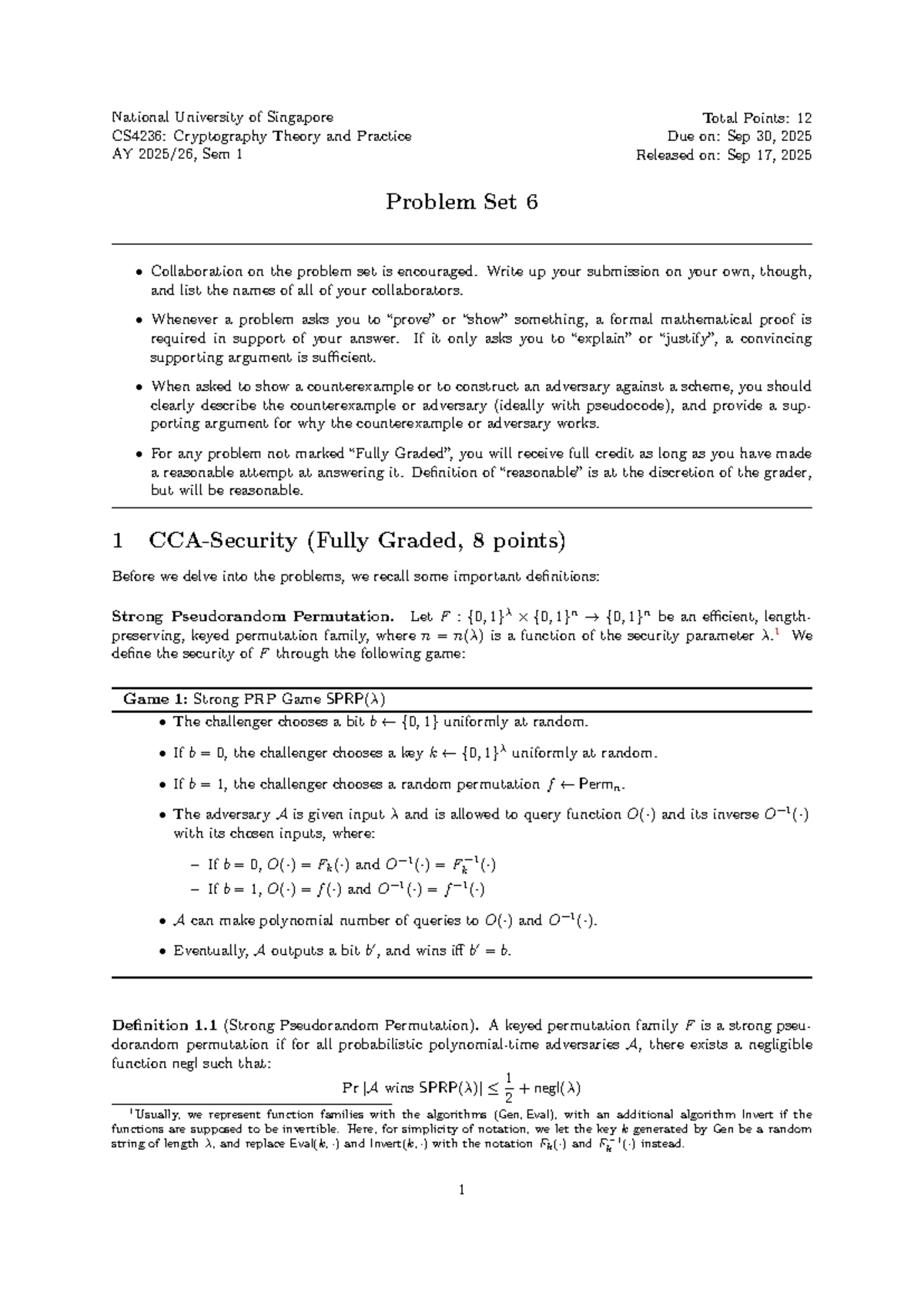CS4236 Problem Set 6: Cryptography Theory & Practice Insights - Studocu
