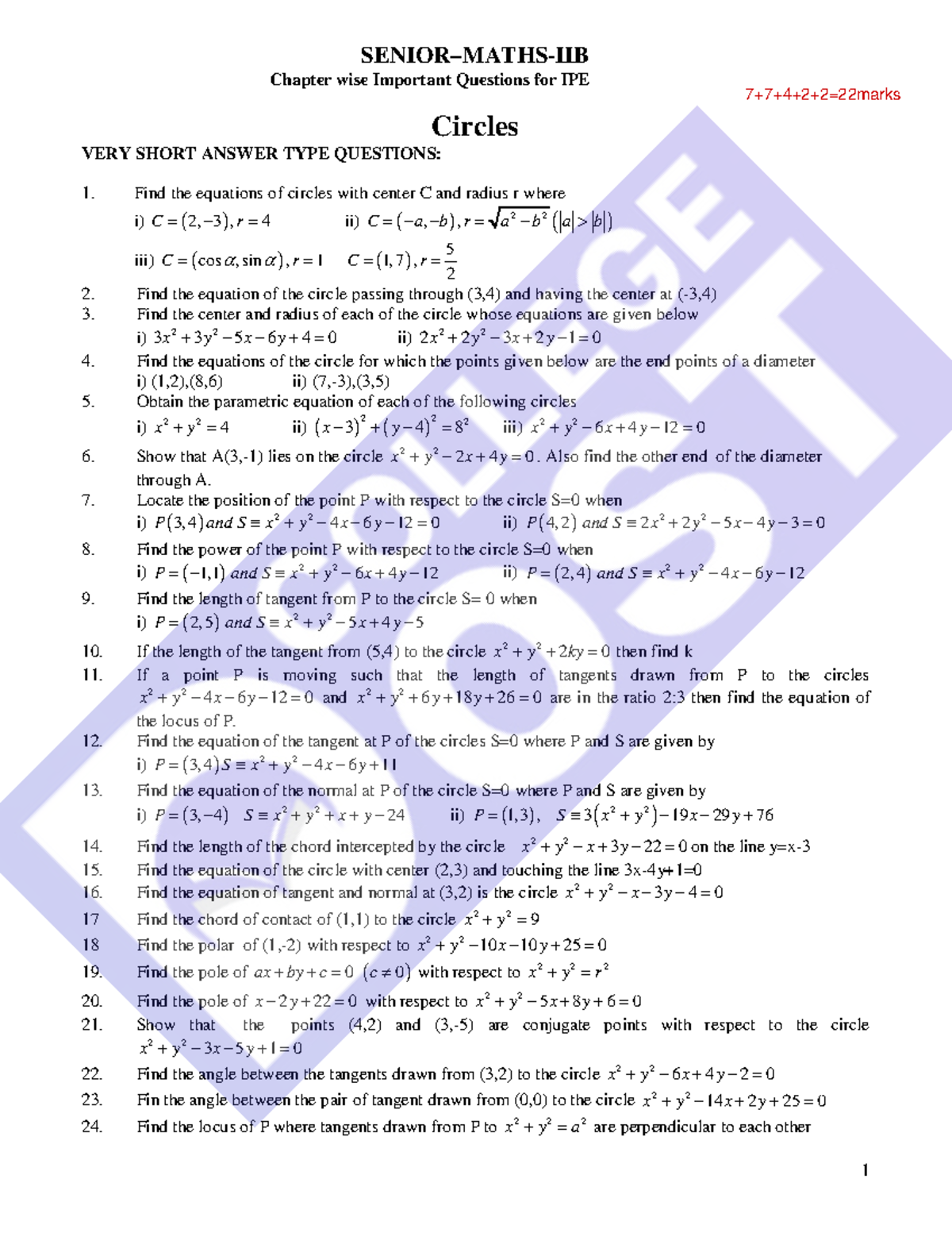 Maths 2B IPE - SENIOR–MATHS-IIB Chapter wise Important Questions for ...
