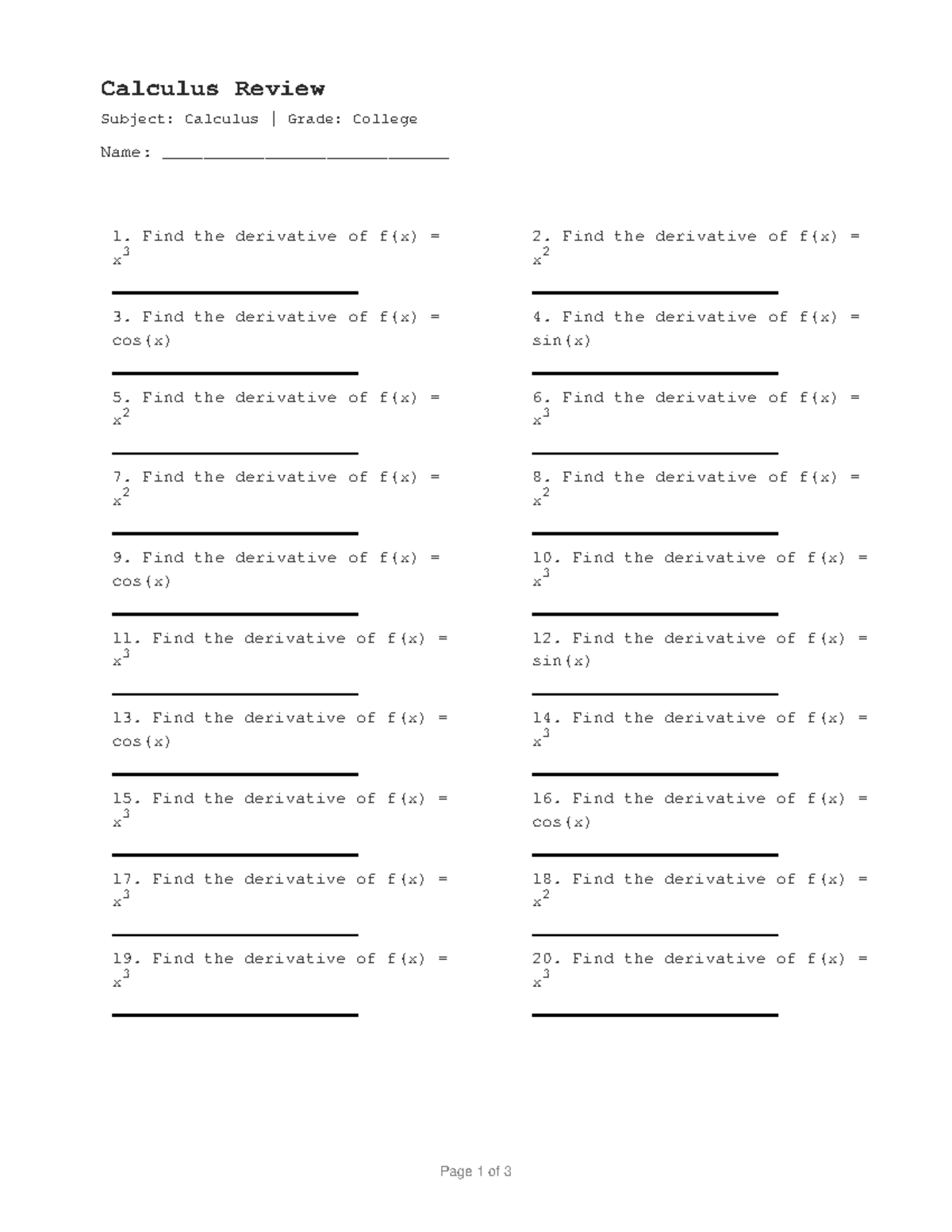 Calculus Review: Derivatives and Problem Solving (Calc 3) - Studocu