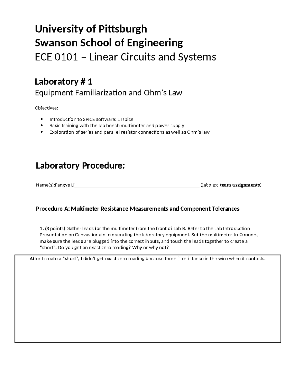 ECE 0101 Lab 1: Equipment Familiarization & SPICE Basics - Fall 2024 ...