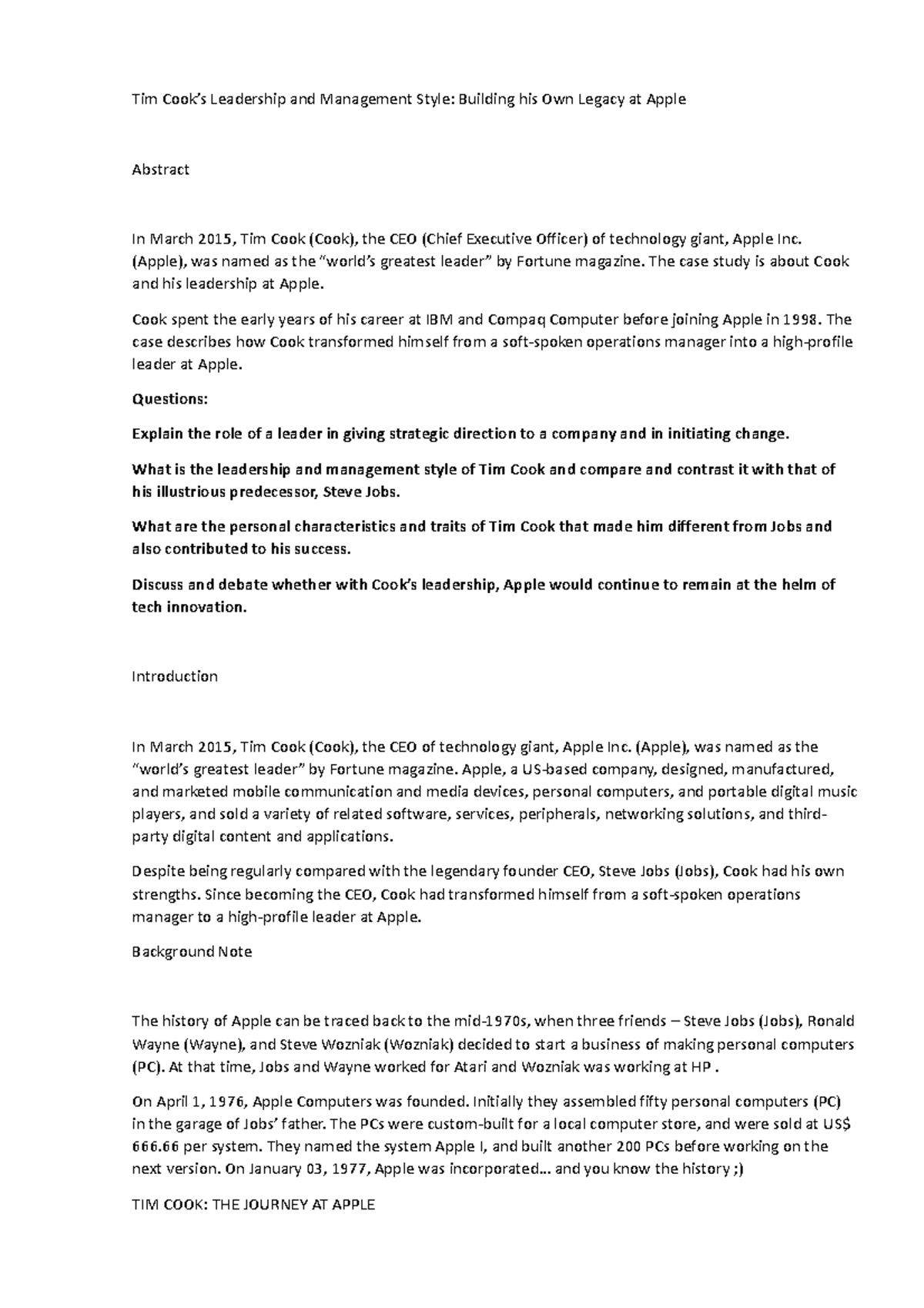 TIM COOK: Leadership Insights & Legacy at Apple (Case Study) - Studocu