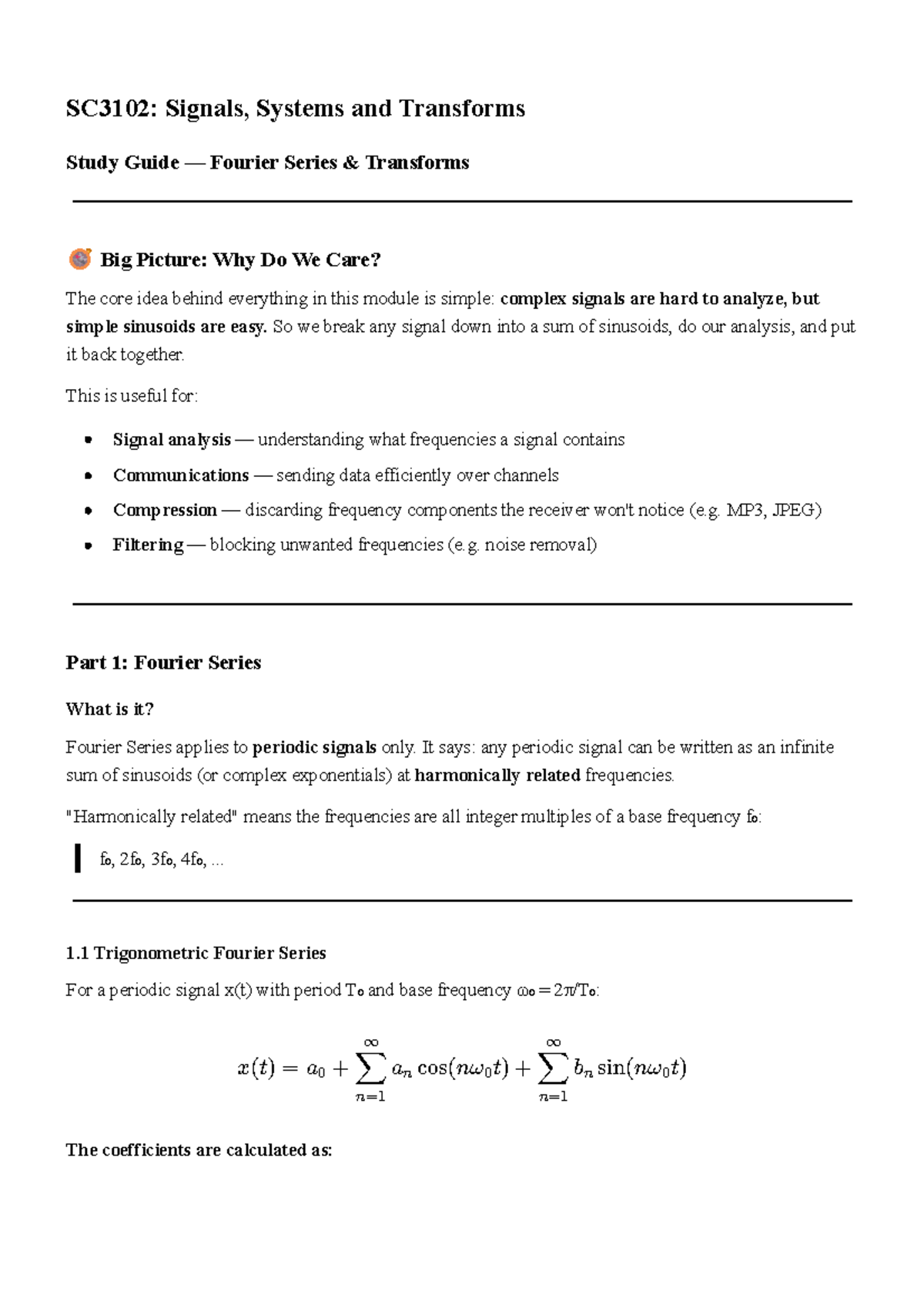 SC3102: Fourier Series and Transforms Study Guide Overview - Studocu