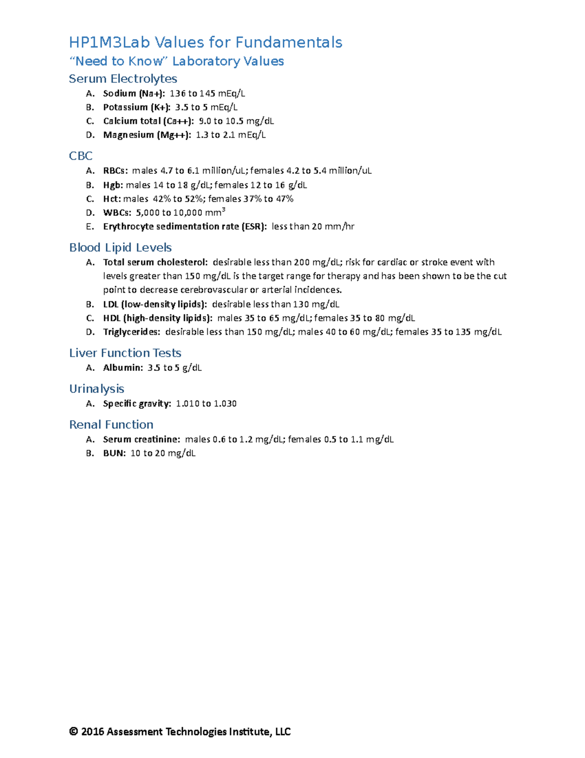 Lab Values and ATI Resources - HP1M3Lab Values for Fundamentals “Need ...