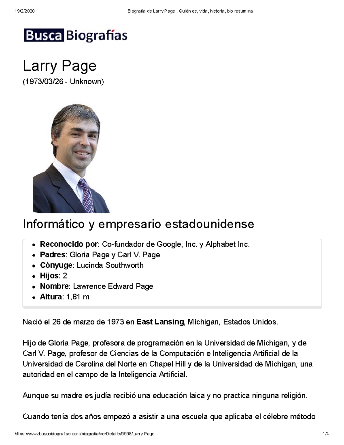 Biografía de Larry Page: Co-Fundador de Google, Resumen de Vida - Studocu