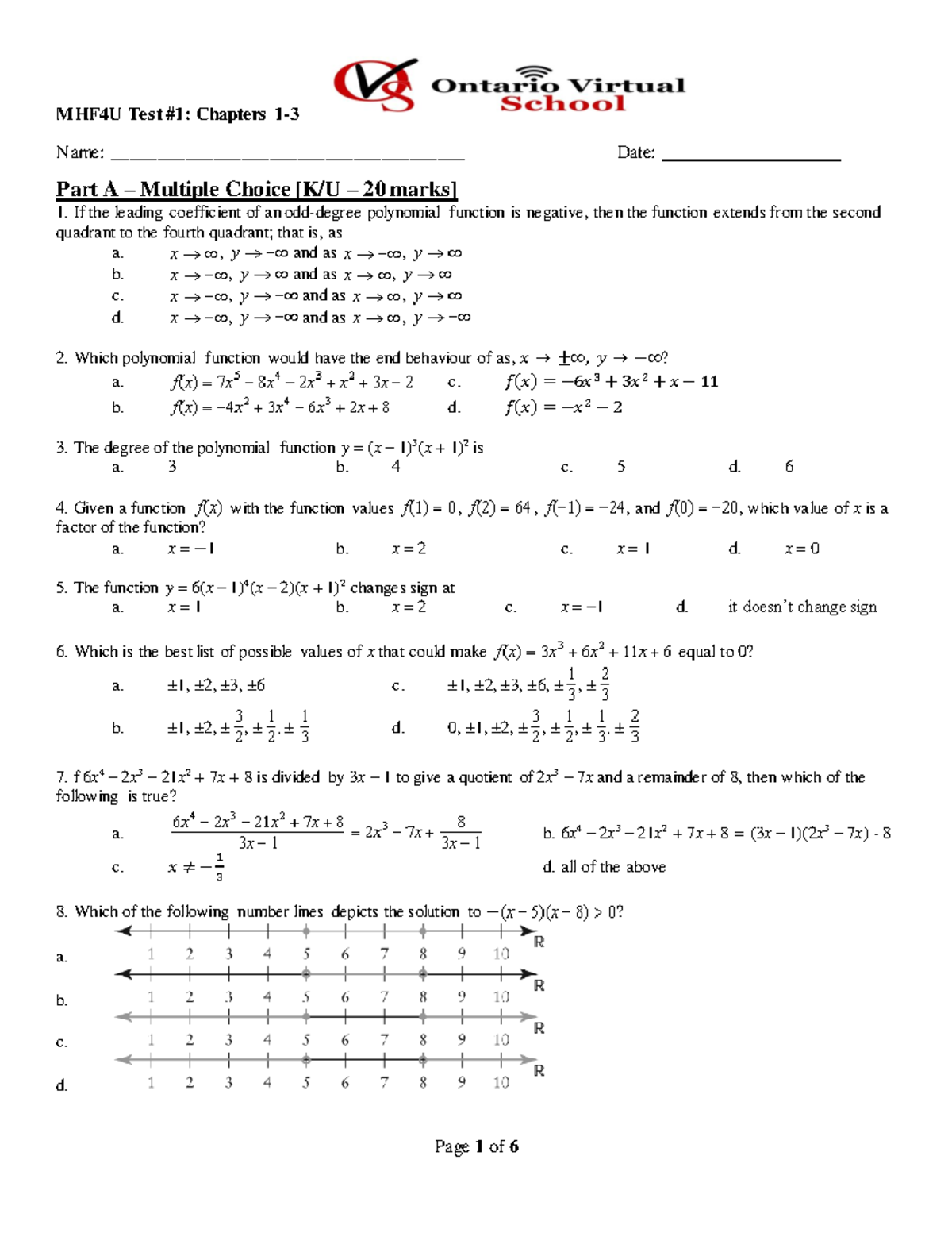 lecture notes HLTH 260 - MHF4U Test #1: Chapters 1- Name