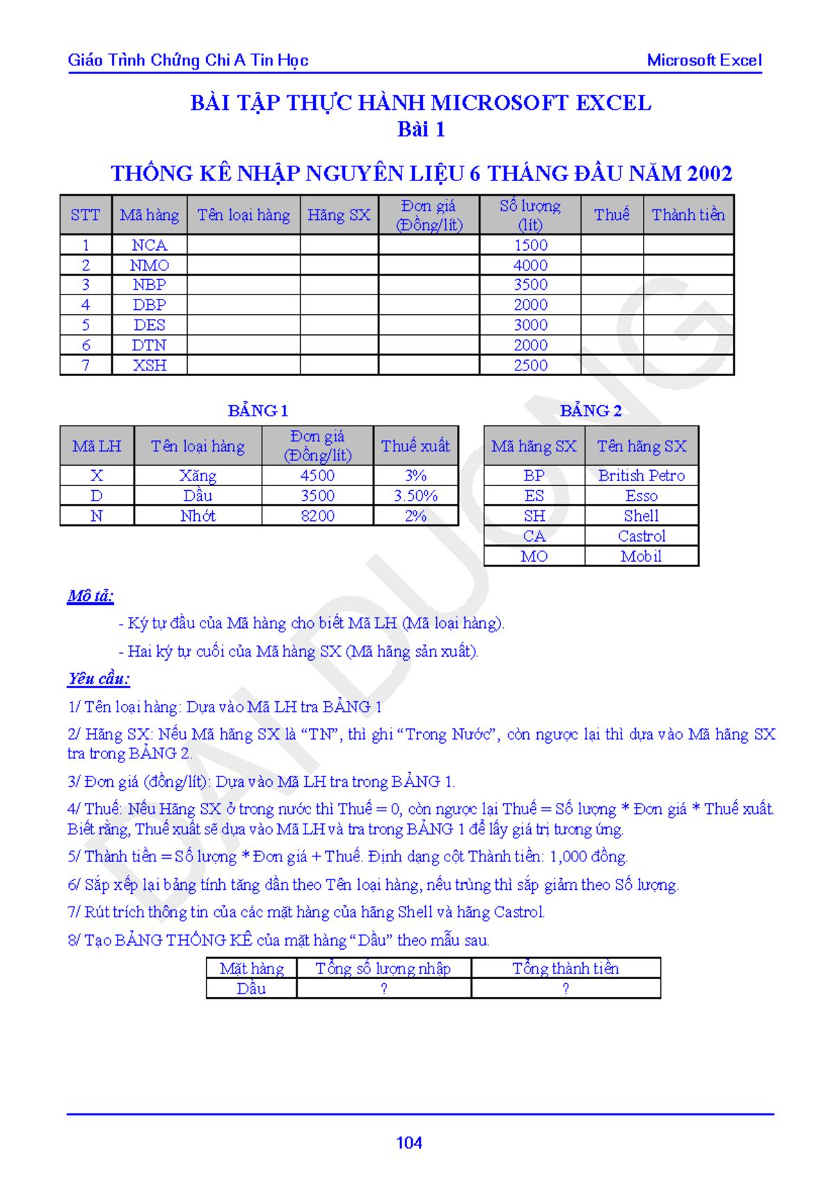 Tindc bai tap excel 3 - sure - BÀI TẬP THỰC HÀNH MICROSOFT EXCEL Bài 1 ...