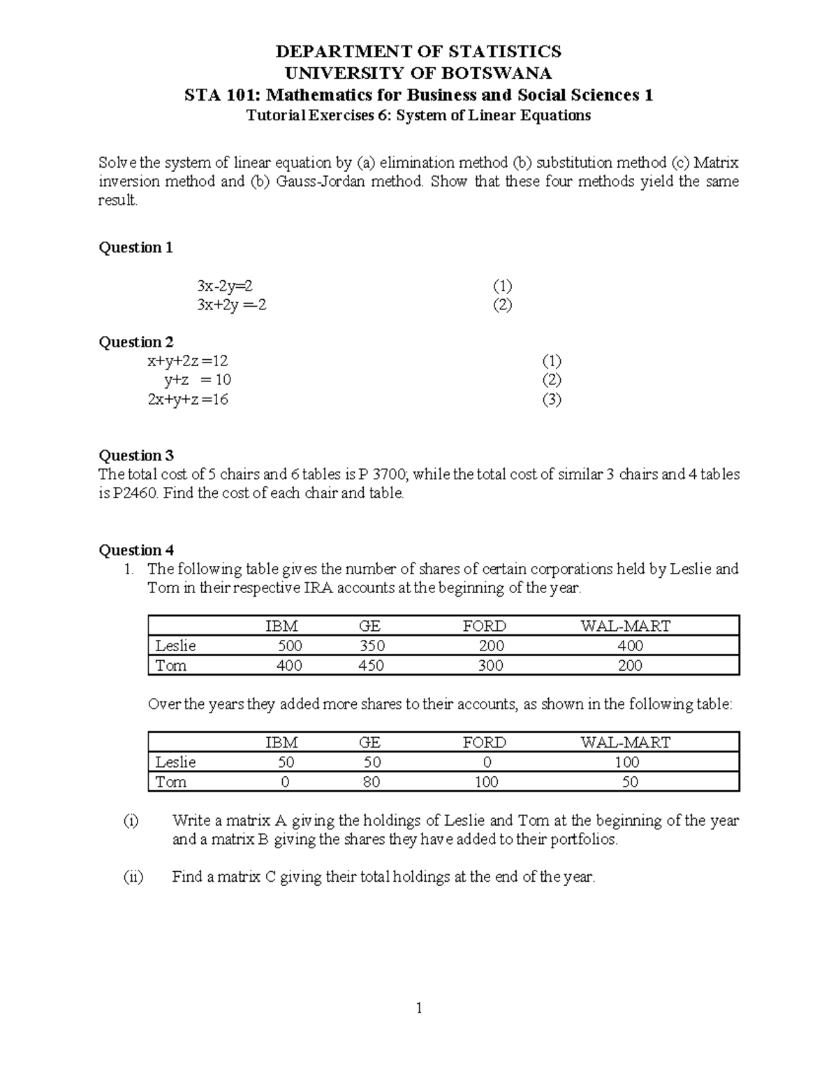 STA 101: Tutorial Exercises on Systems of Linear Equations - Studocu