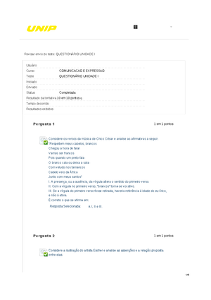 Prova Comunicação e Expressão - UNIP - Corrigida, Gabarito Oficial ...