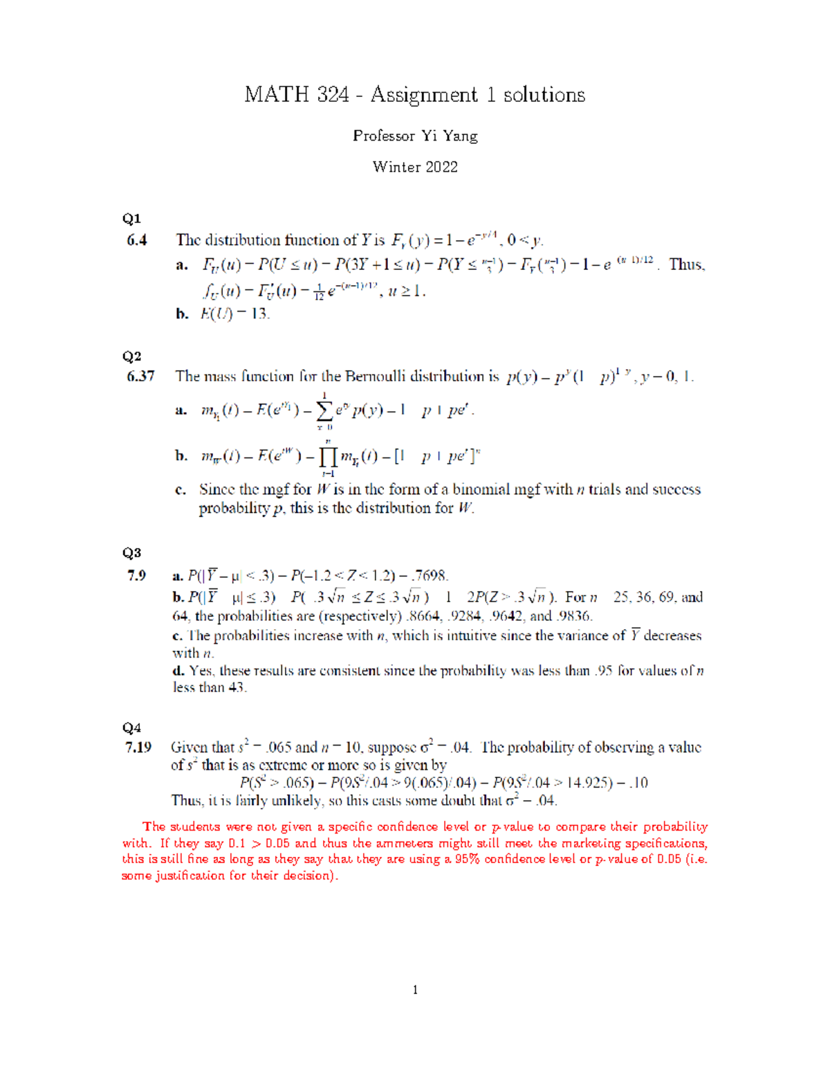 MATH 324 Winter 2022 Assignment 1 Solutions by Prof. Yi Yang - Studocu