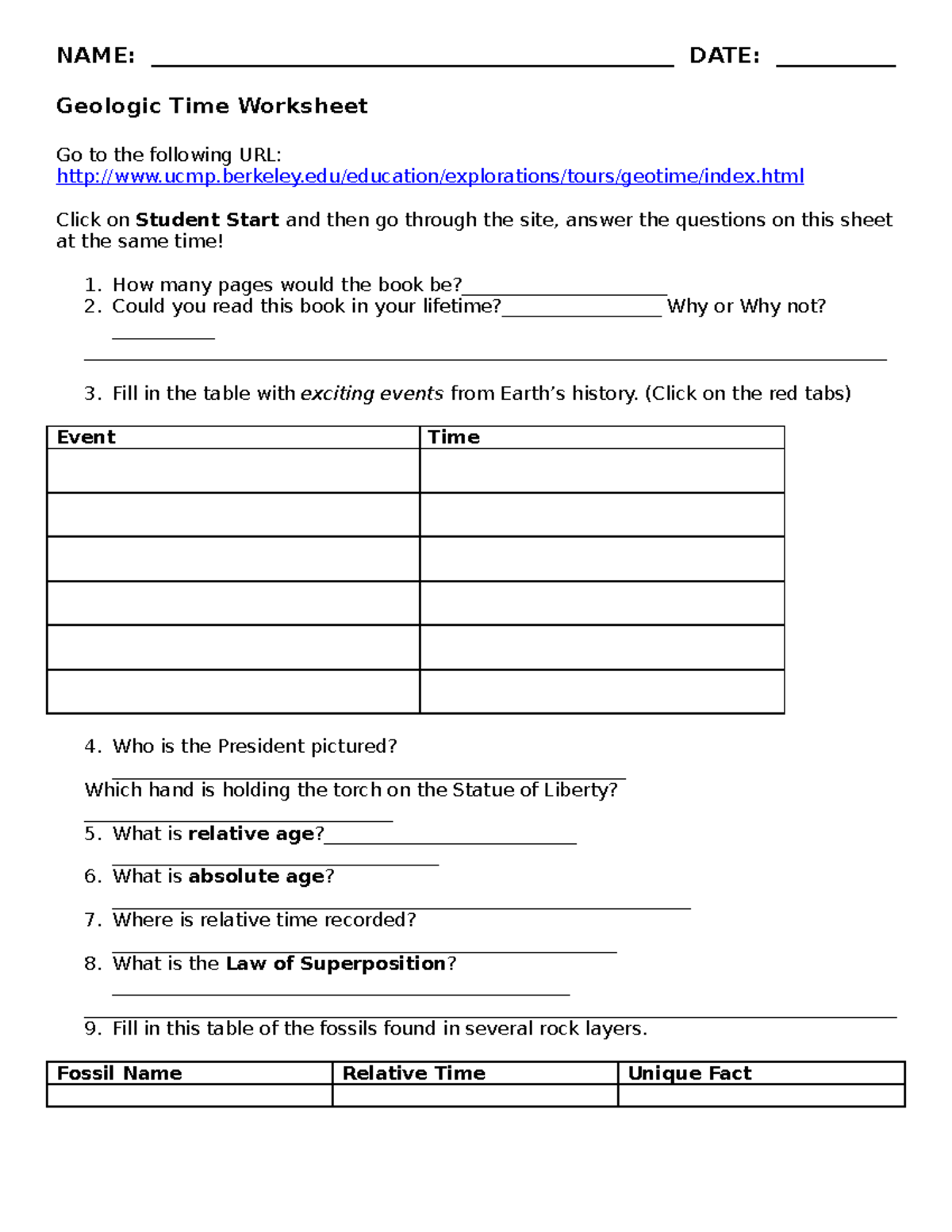 Geologic Time Worksheet: Exploring Earth's History and Events - Studocu, image size:1200x1553