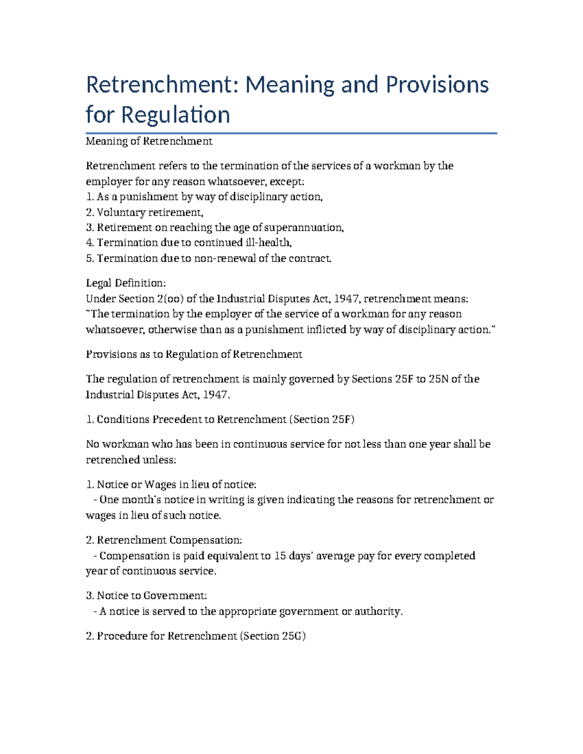 Industrial Disputes Act 1947: Retrenchment & Layoff Regulations - Studocu