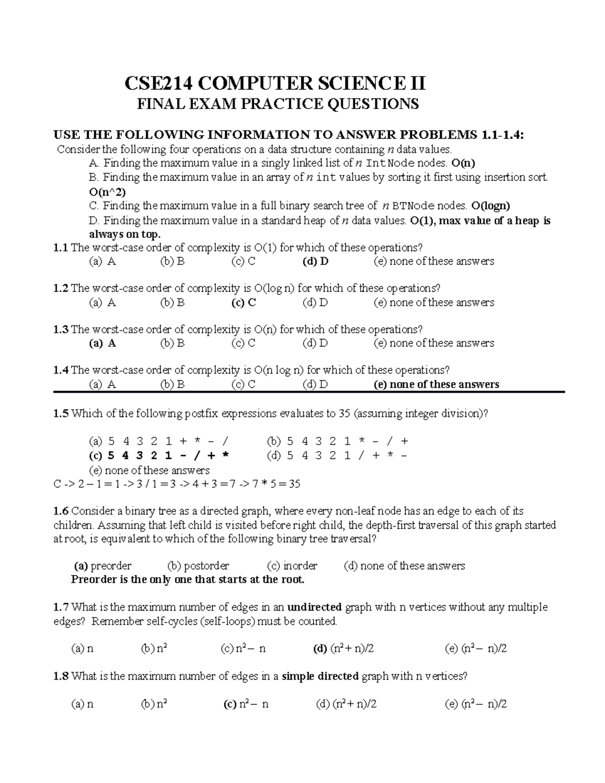 CSE214 Final Exam Practice Questions: Data Structures & Algorithms ...