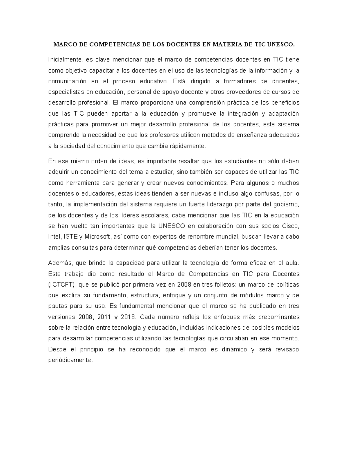 Marco de Competencias Docentes en TIC - Taller Yohana - Studocu