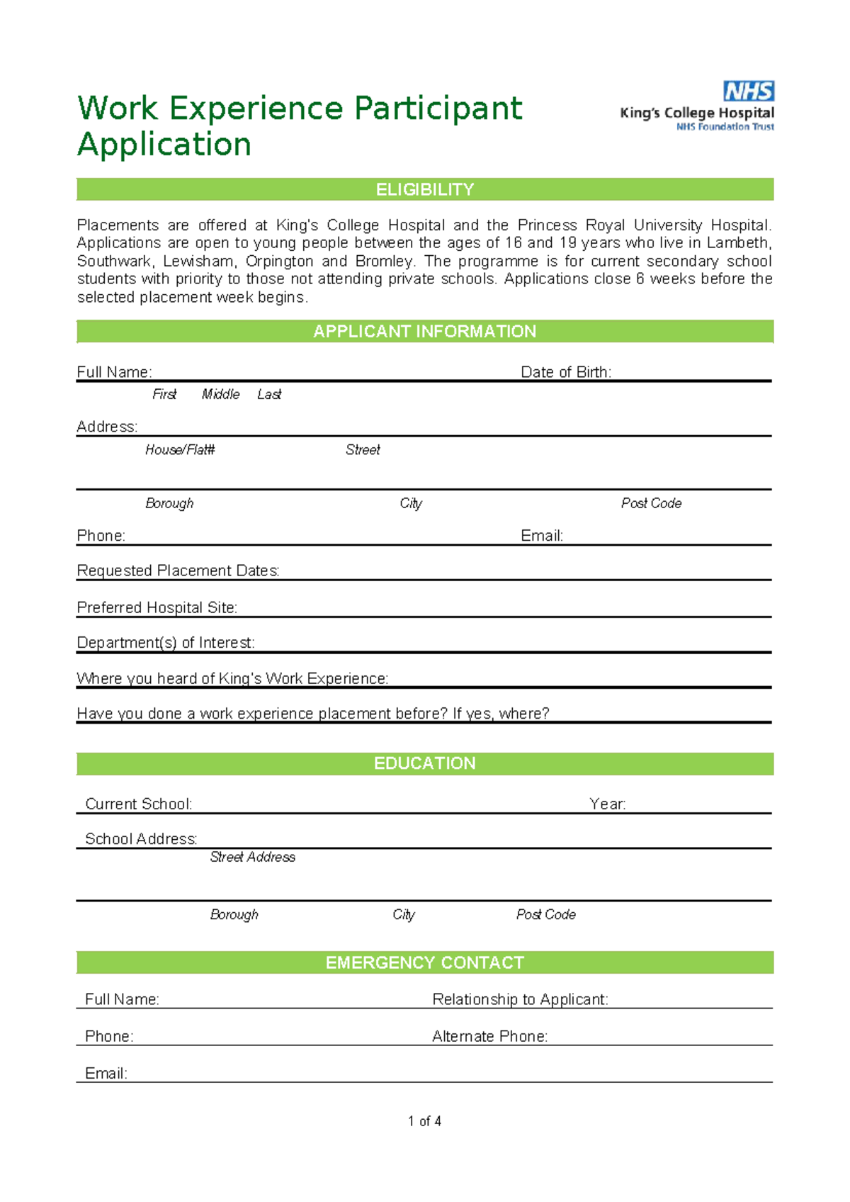 Work Experience Participant Application Form for Ages 16-19 - Studocu