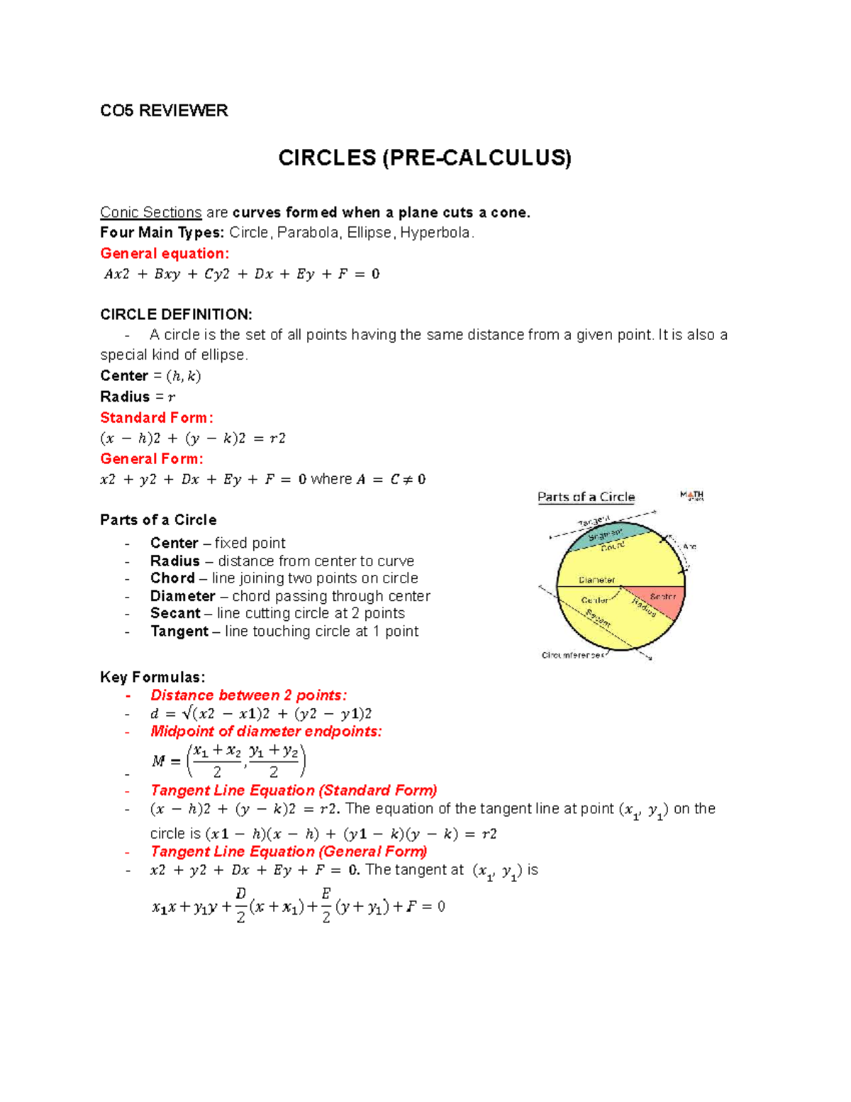 CO5 Precalculus Reviewer: Understanding Circles and Their Properties ...