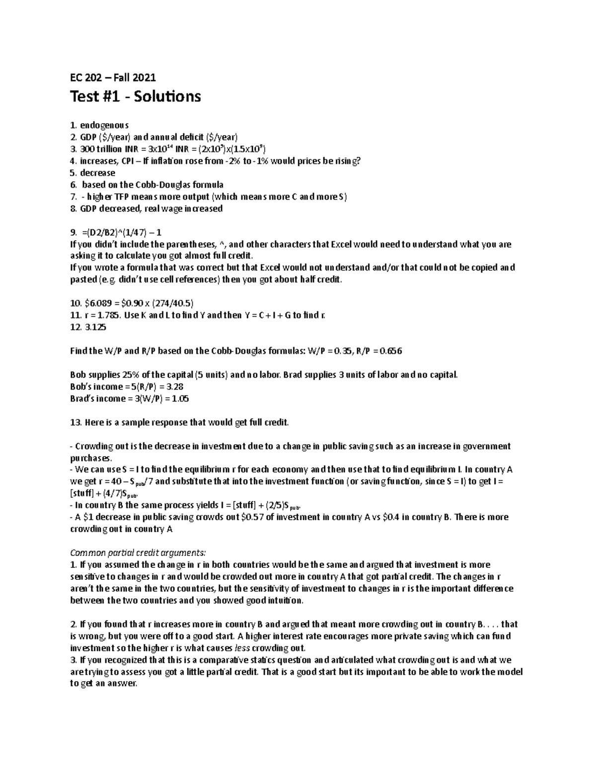 Test 1 Solutions - EC202 Fall 2021: Key Calculations & Insights - Studocu