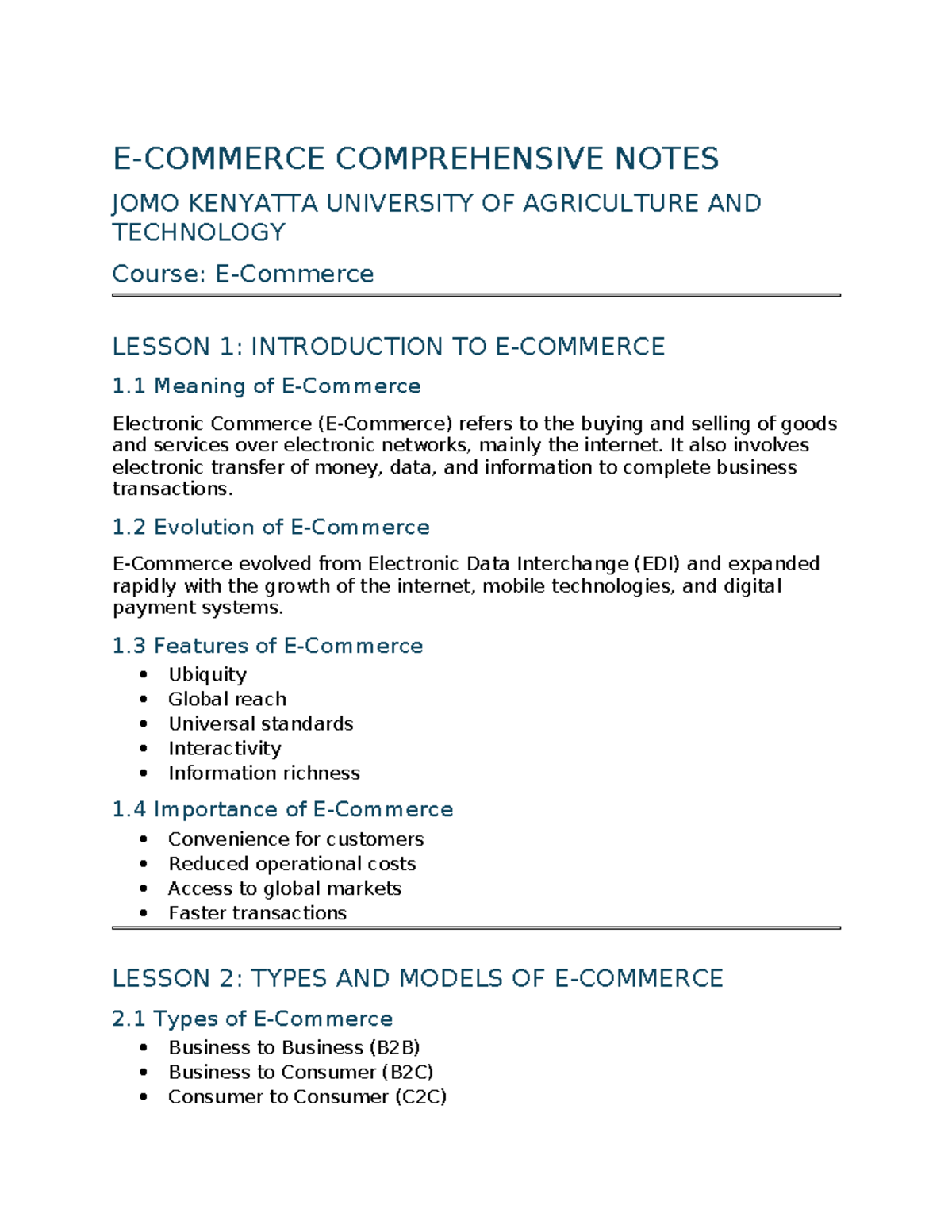 E-commerce Comprehensive Notes (Lessons 1-5) - JKUAT - Studocu