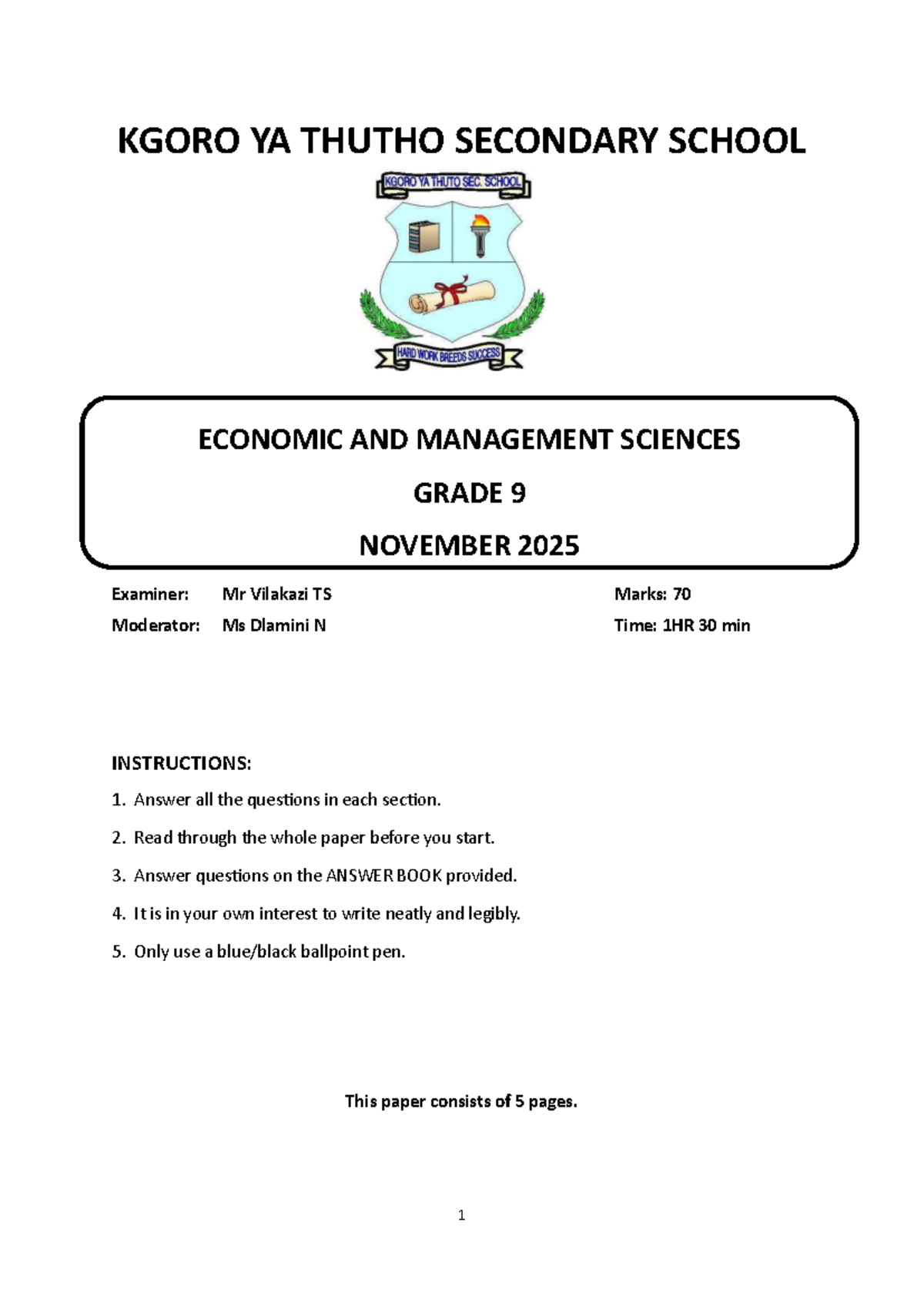 EMS 2025 NOV - Grade 9 Economic & Management Sciences Exam Paper - Studocu