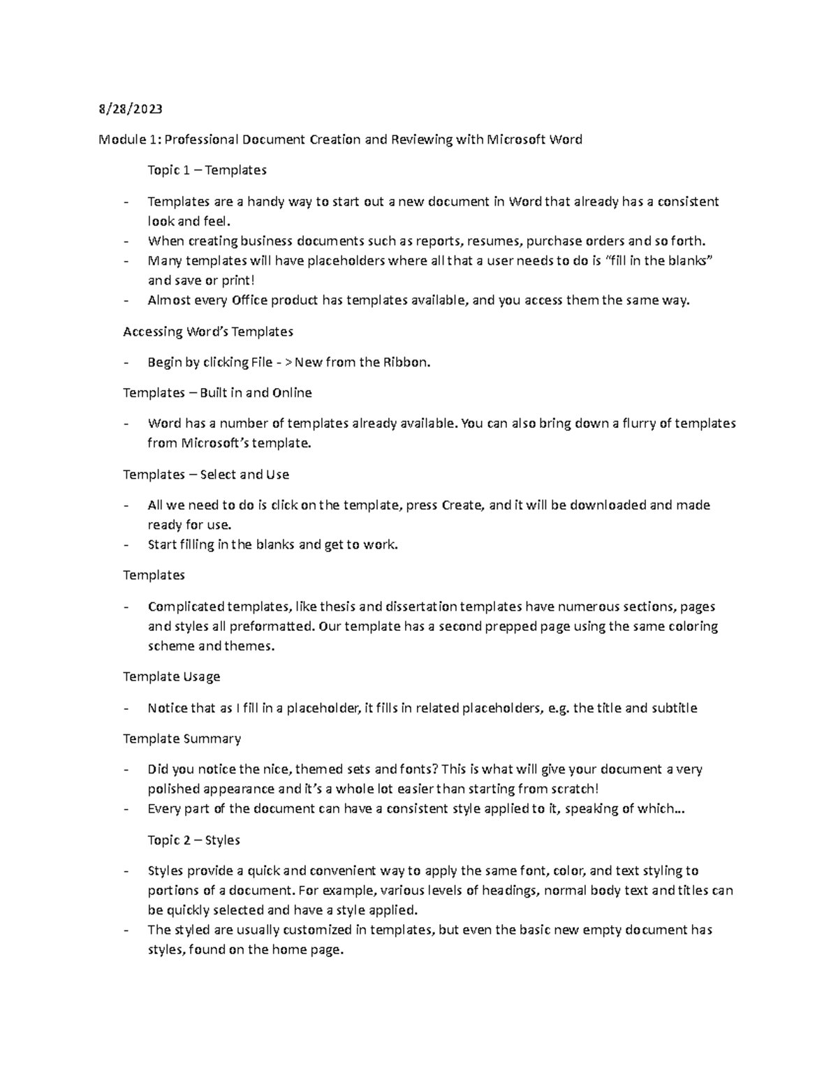 CS 150 - Lecture Notes - 8/28/ Module 1: Professional Document Creation ...