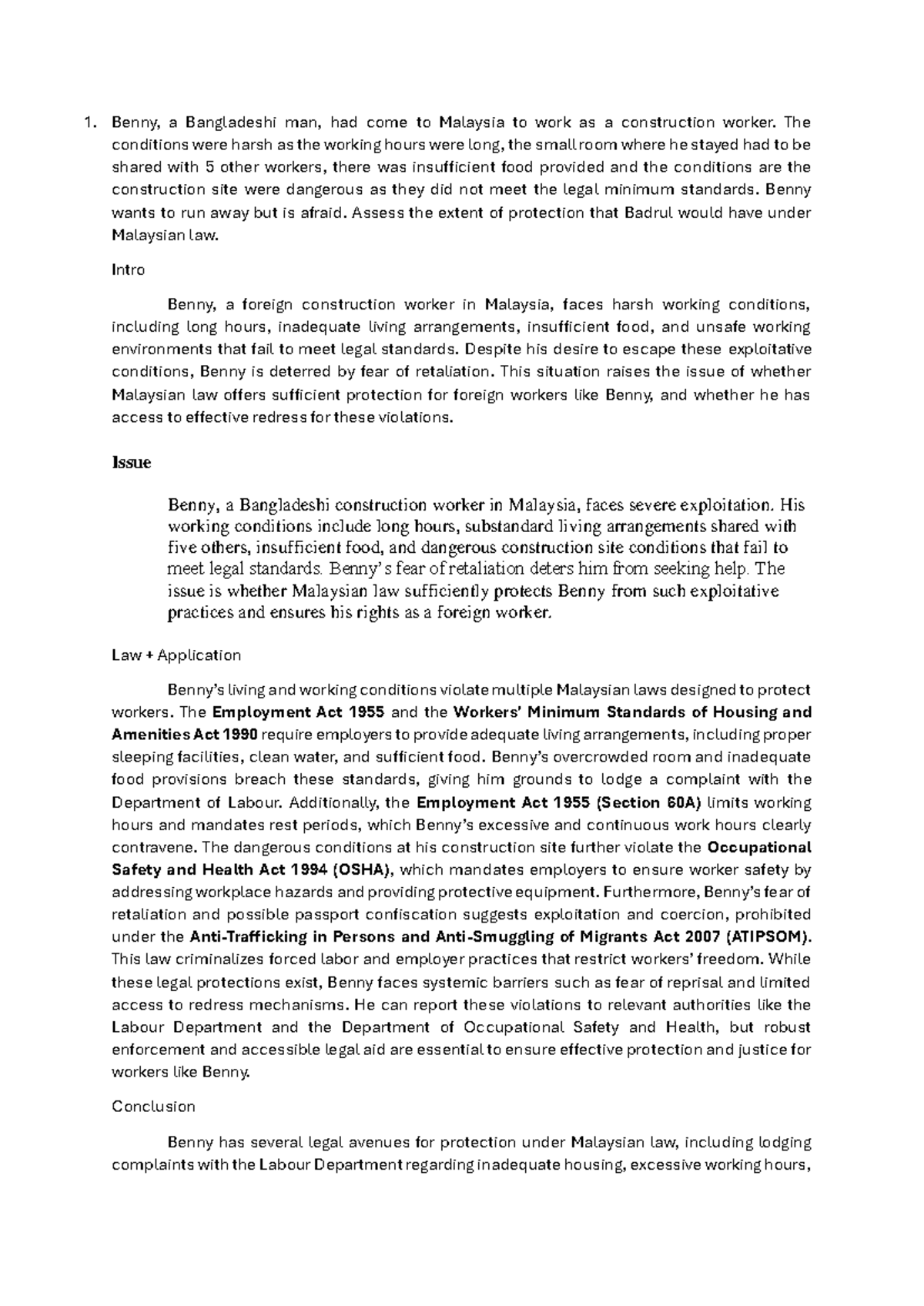 Assessment of Legal Protections for Migrant Workers in Malaysia - Studocu