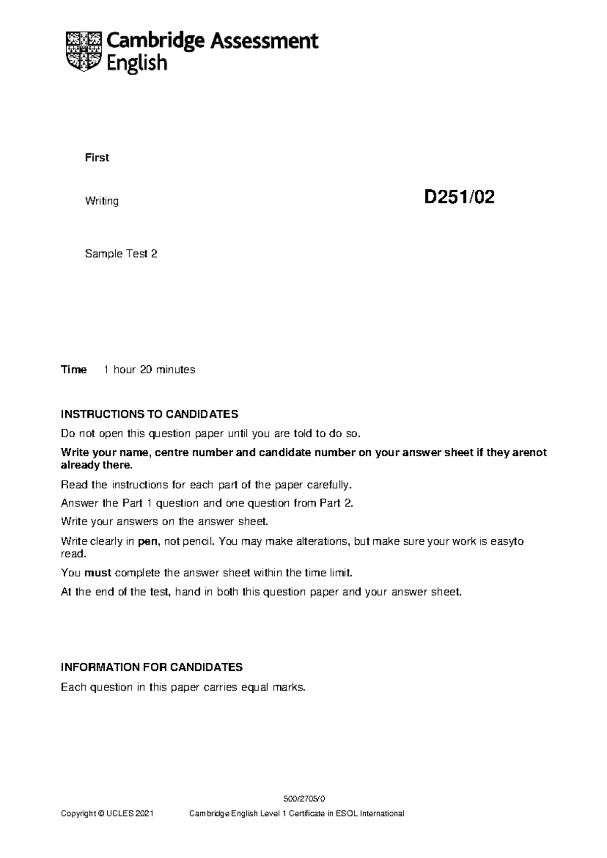 B2 First Writing Sample Test 2 - 1 Hour 20 Minutes Instructions - Studocu
