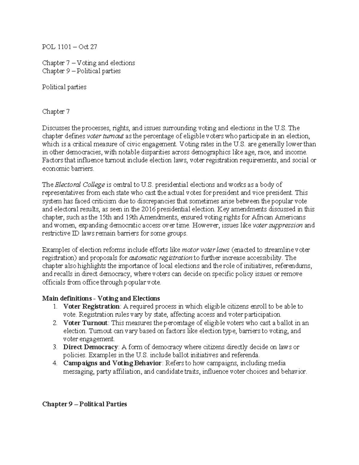 Chapter 7 – Voting and elections : Chapter 9 – Political parties - POL ...