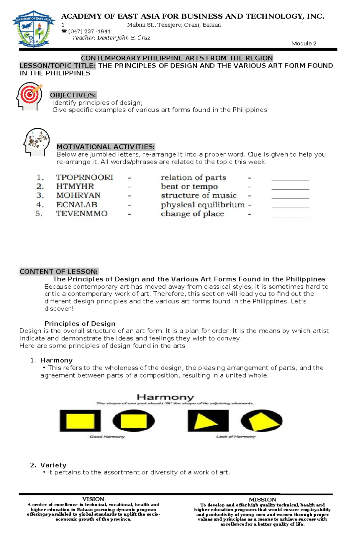 PHIL ARTS Module 2: Principles of Design & Philippine Art Forms - Studocu