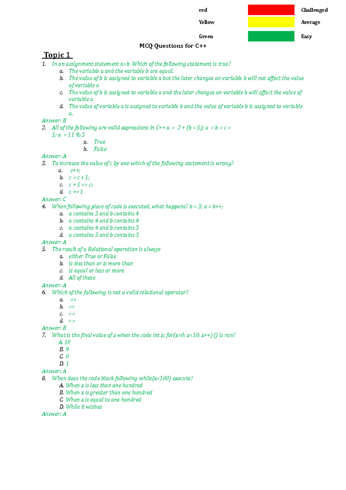 621 C++ MCQs CA Test 1 - Comprehensive Multiple Choice Questions - Studocu