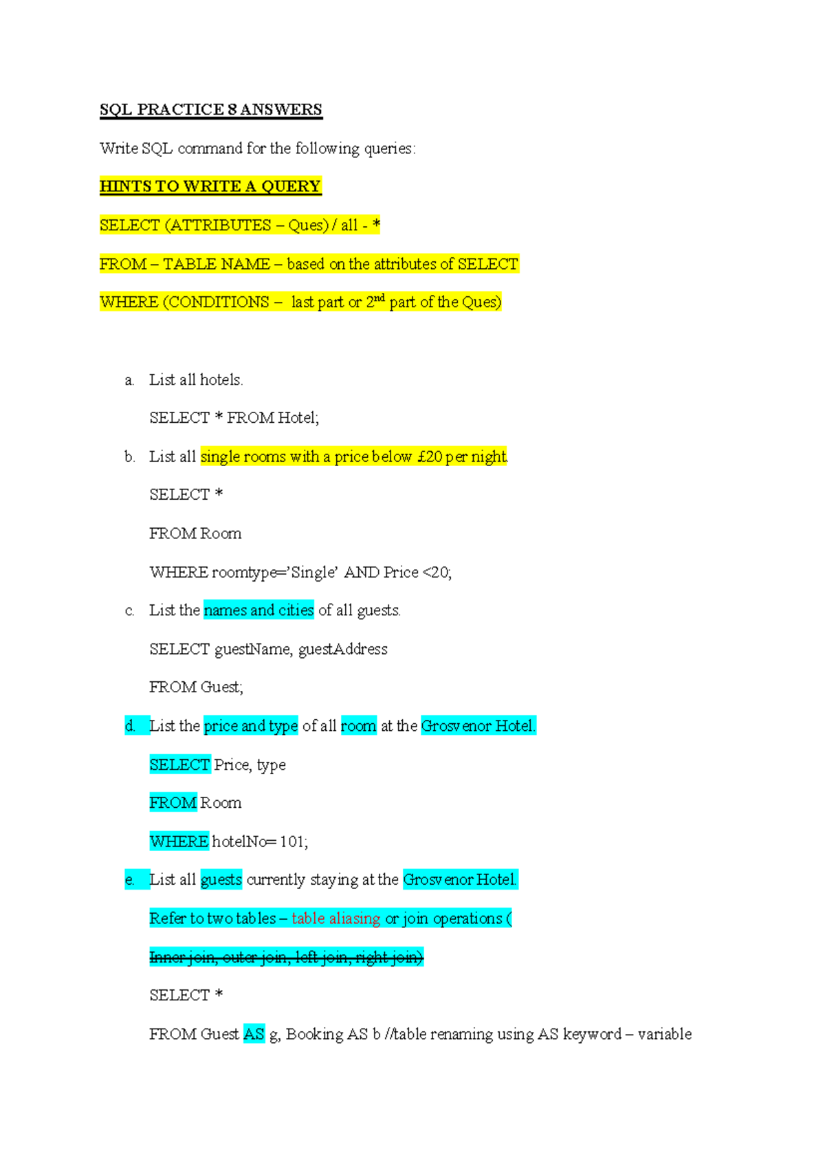 SQL PRACTICE 8: QUERY COMMANDS & ANSWERS - Studocu