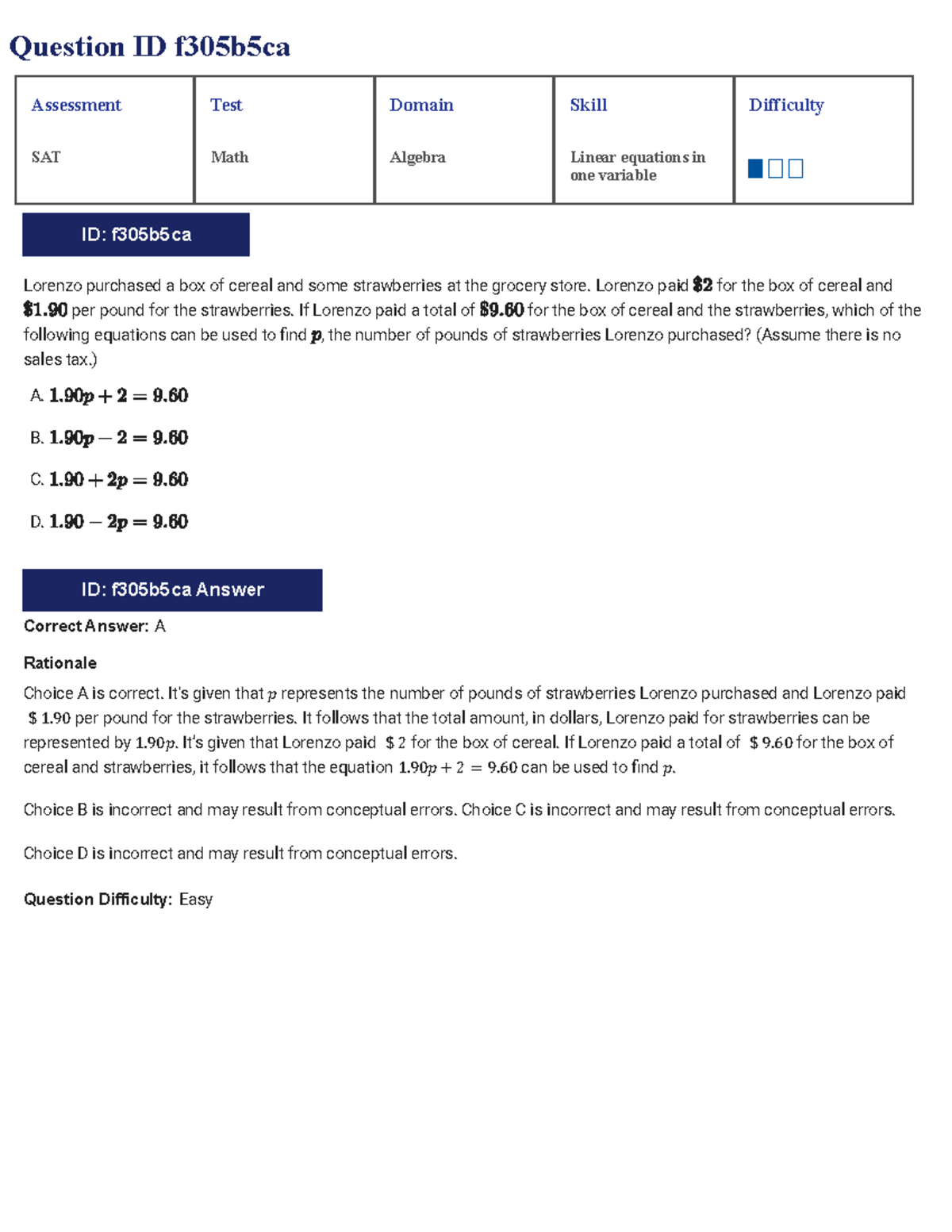 SAT Math Algebra Linear Equations Assessment Test Questions - Studocu