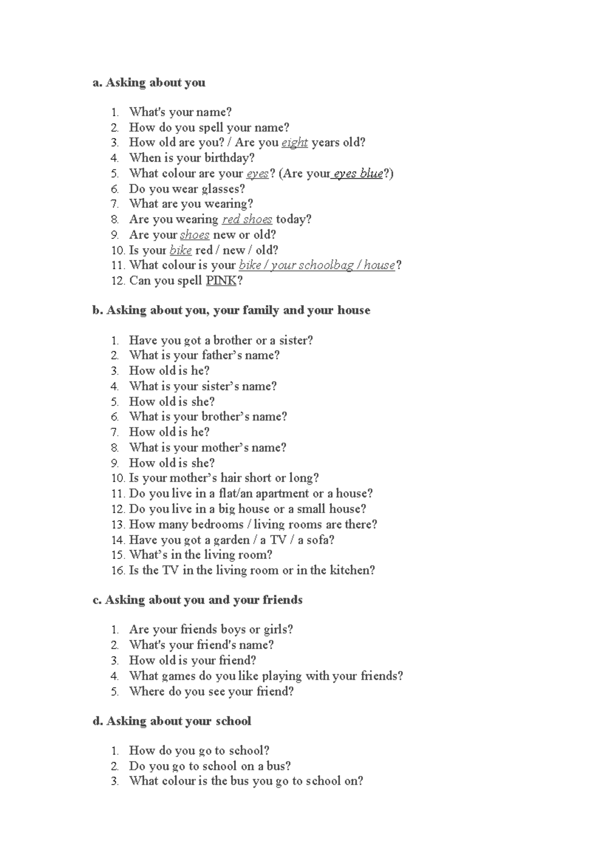 Starter (Speaking) Questions for Young Learners - Studocu