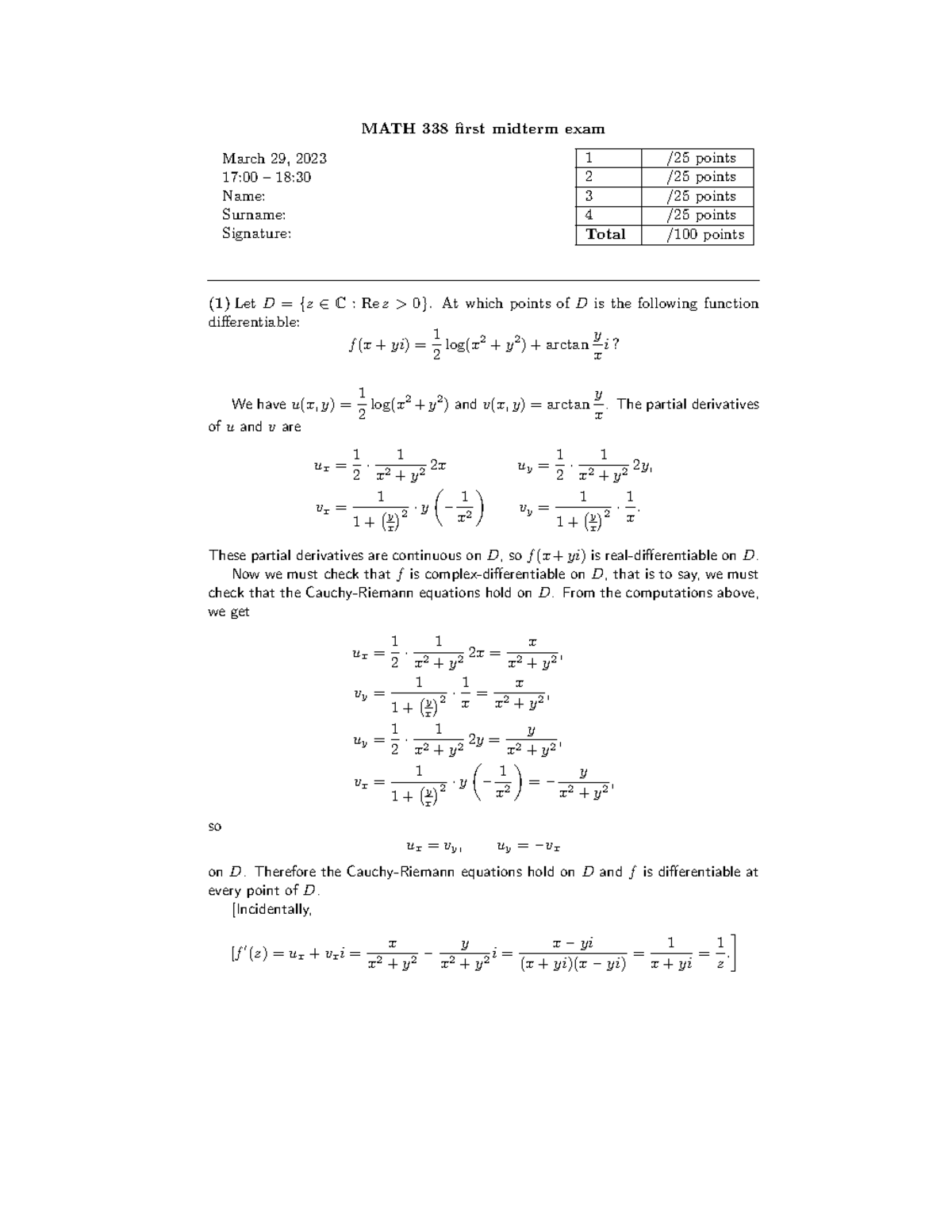 MATH 338 First Midterm Exam Key - Sample Solutions and Insights - Studocu