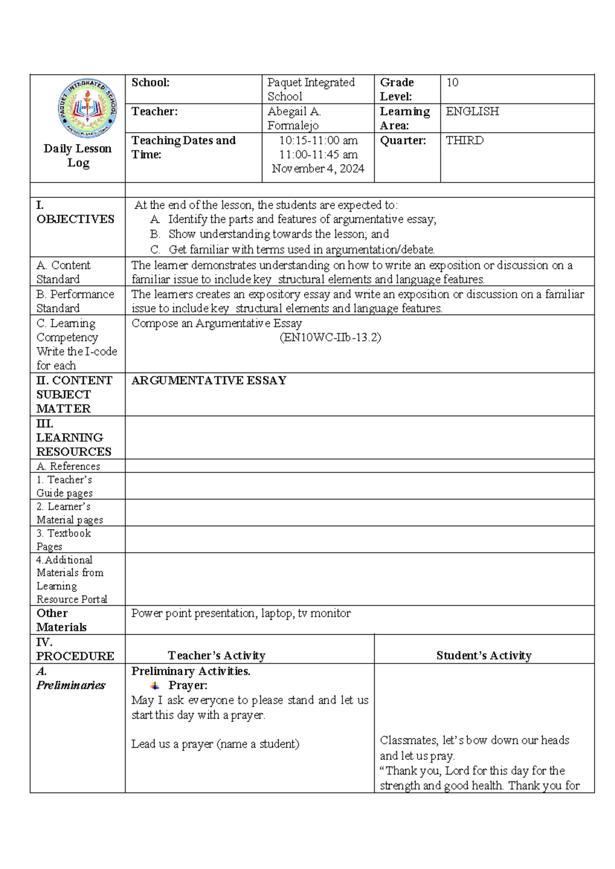 Quarter 3 Week 1 Lesson Plan: Argumentative Essay (10 ENGLISH) - Studocu