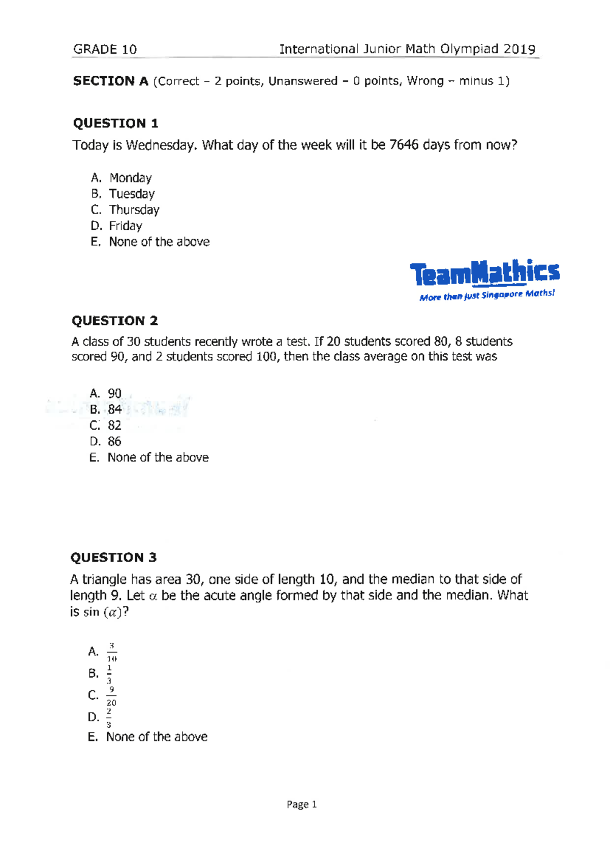 2019 IJMO Grade 10 - International Junior Math Olympiad Exam Questions ...