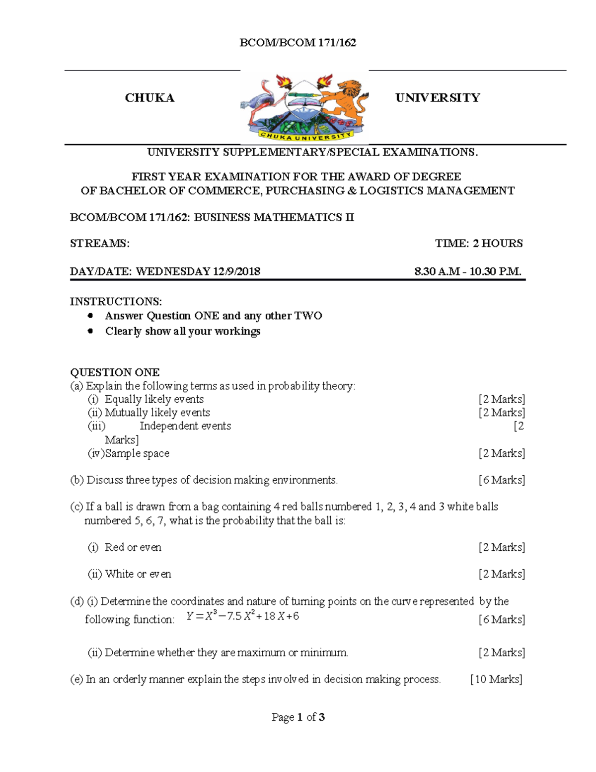 BCOM 171/162: Business Mathematics II Supplementary Exam Notes - Studocu