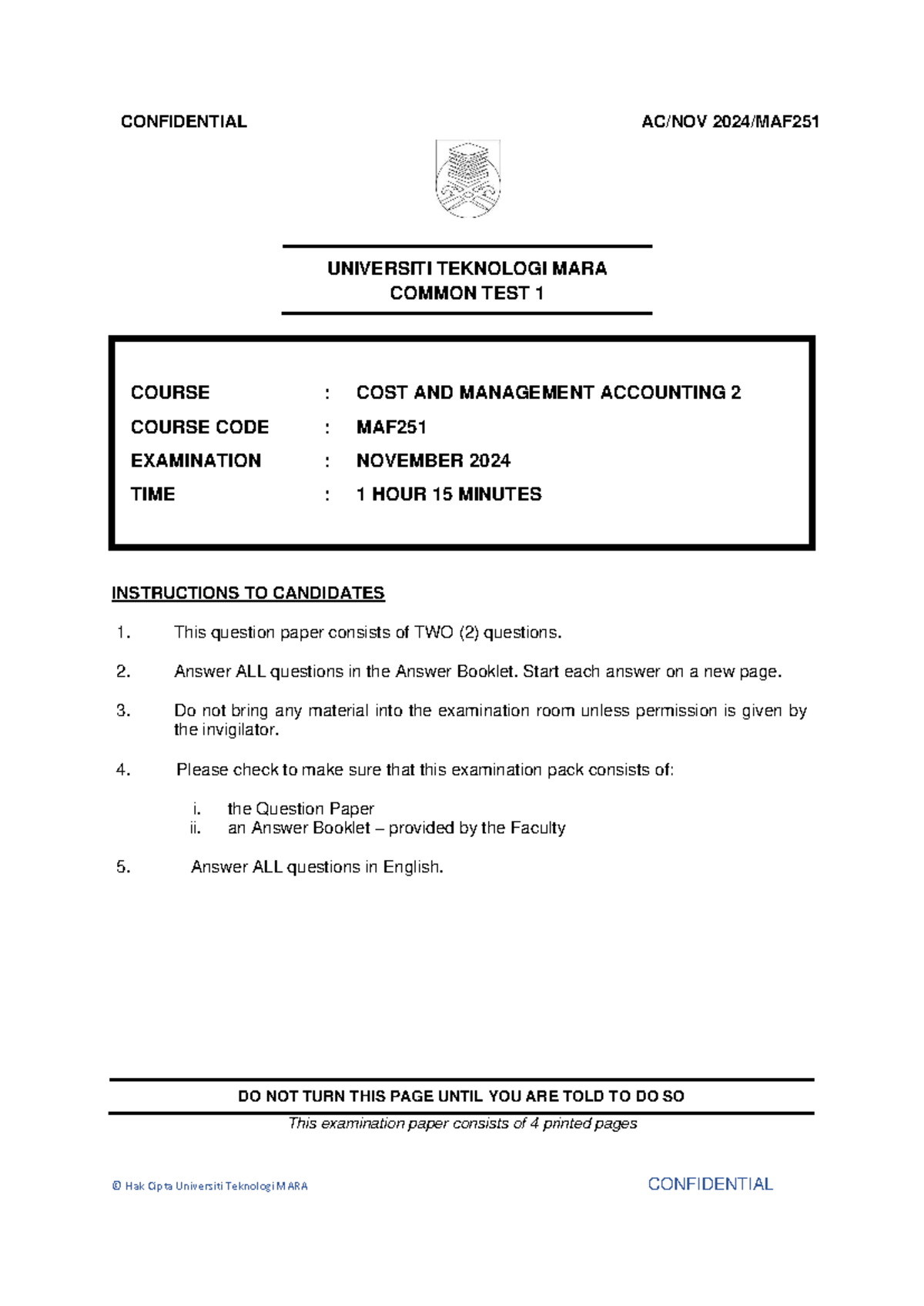 CT MAF251 Common Test 1: Cost & Management Accounting Nov 2024 - Studocu