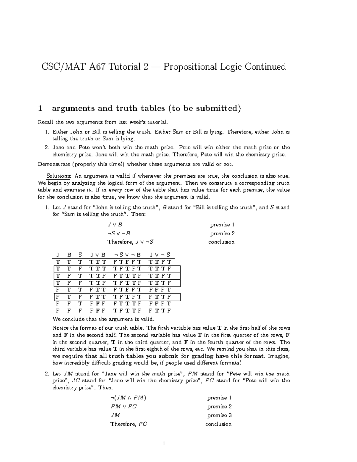 CSC/MAT A67 Tutorial 02 Solutions on Propositional Logic and Validity ...