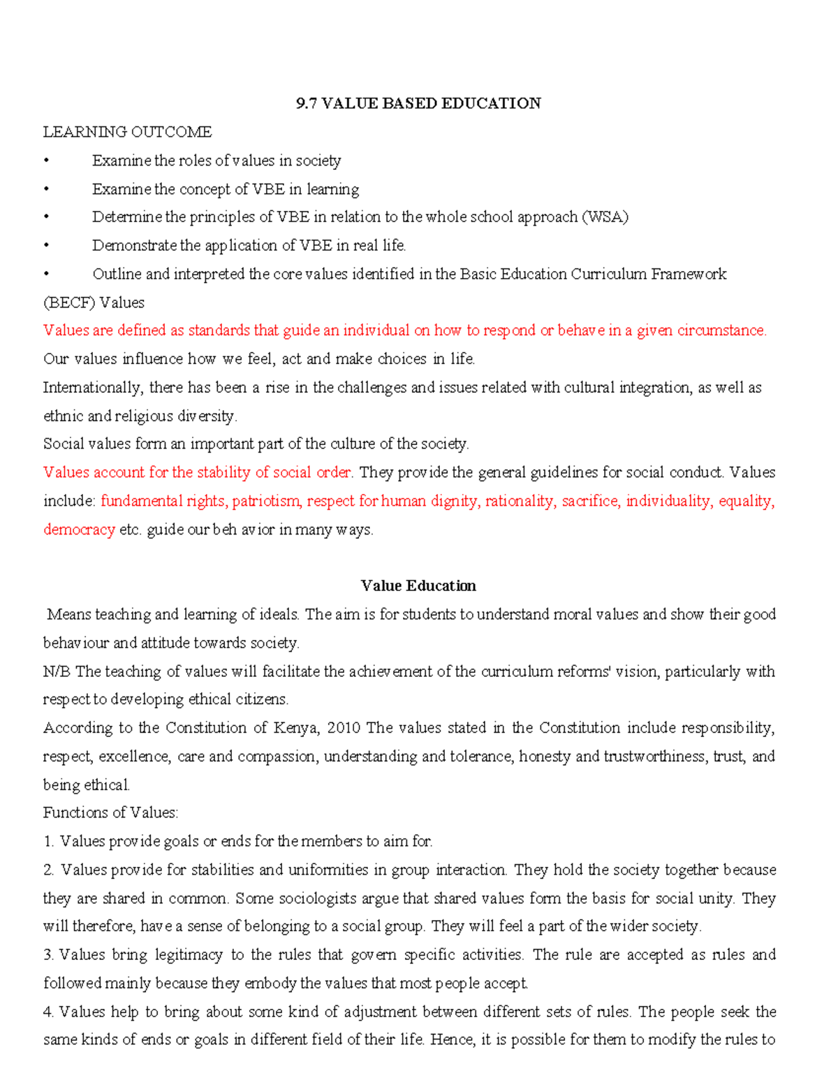 9.7 VALUE BASED EDUCATION: Learning Outcomes and Core Values in BECF ...