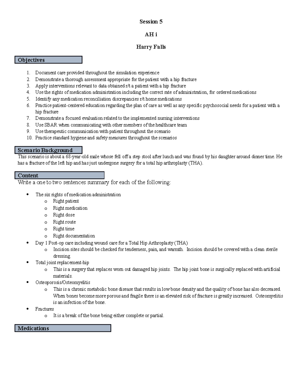 Student Preparation Simulation Worksheet AH I Session 5 Harry Falls ...